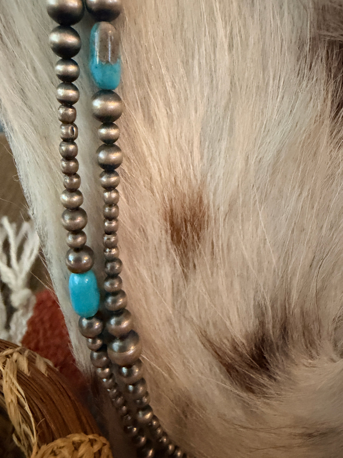 Handcrafted Turquoise & Sterling Silver Pearl Beaded 72” Necklace