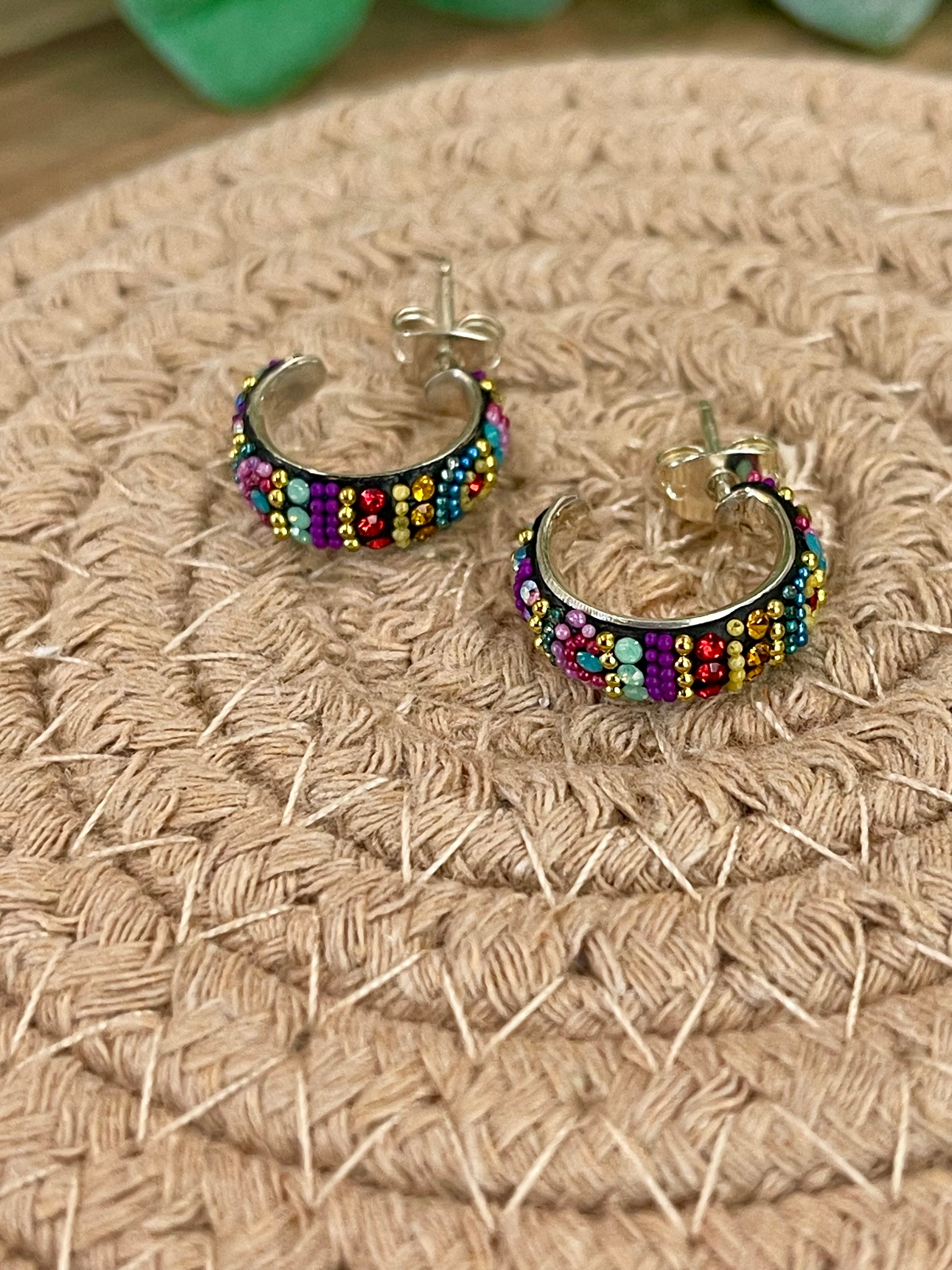 Handmade In Mexico Sterling Silver  , Multi Color Swarovski Crsytal Hoop Earrings