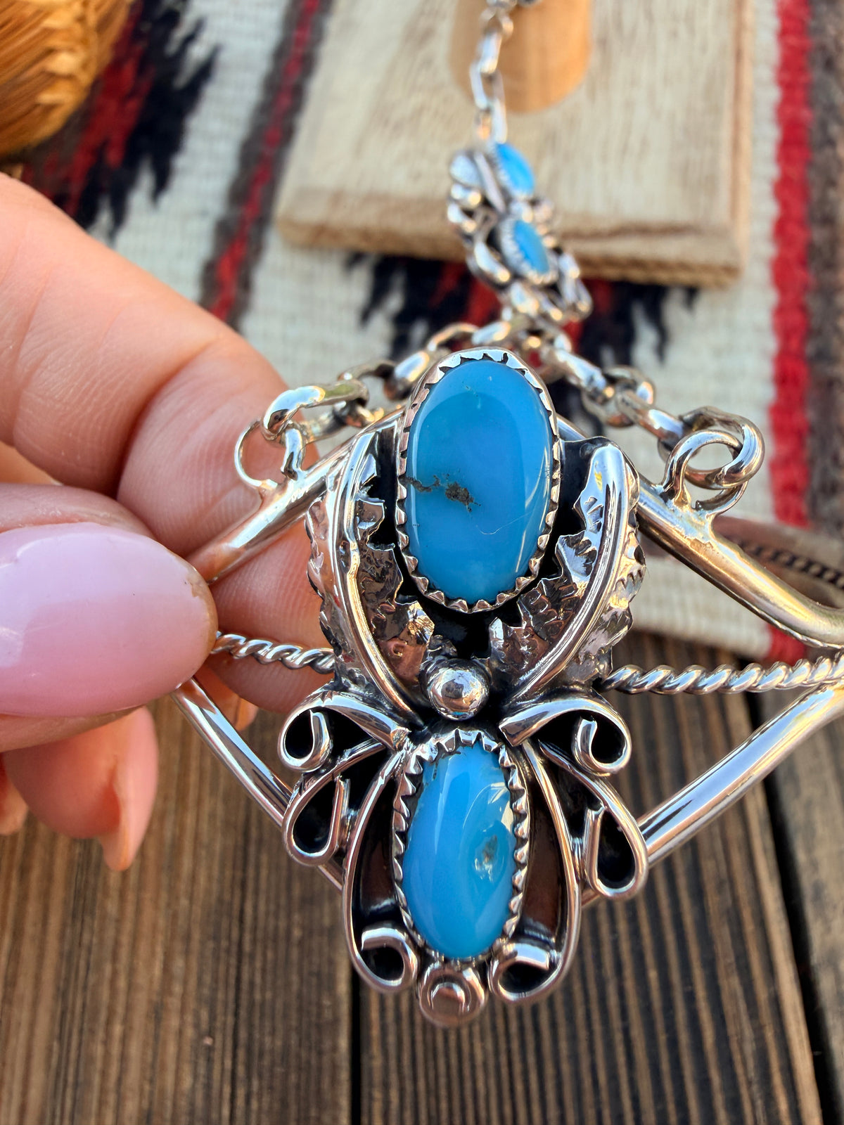 Handcrafted Turquoise & Sterling Silver Hand Chain Cuff Bracelet by Harry Yazzie