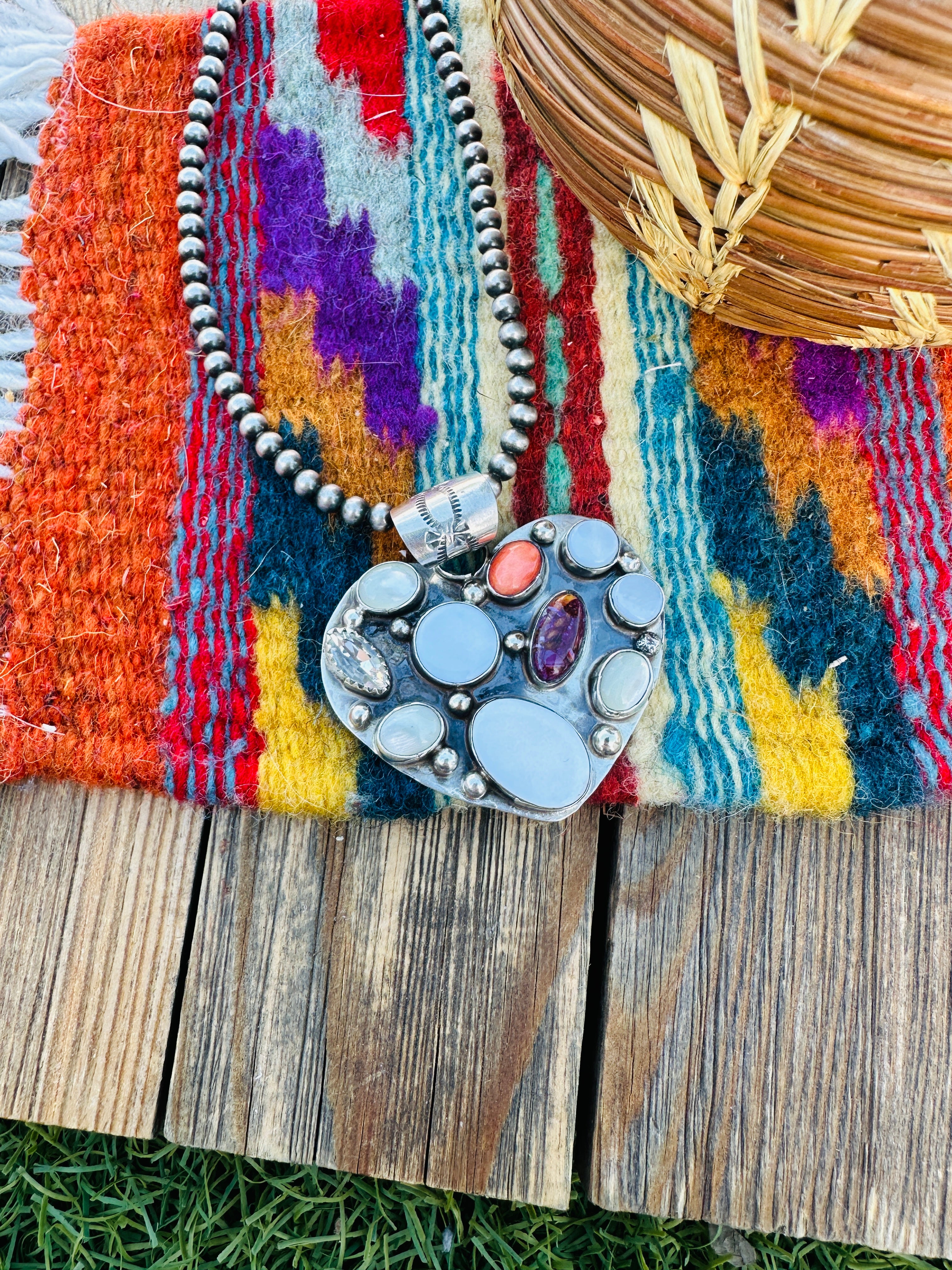 Handcrafted Mother of Pearl, Spiny, CZ & Sterling Silver Heart Pendant by Jacqueline Silver