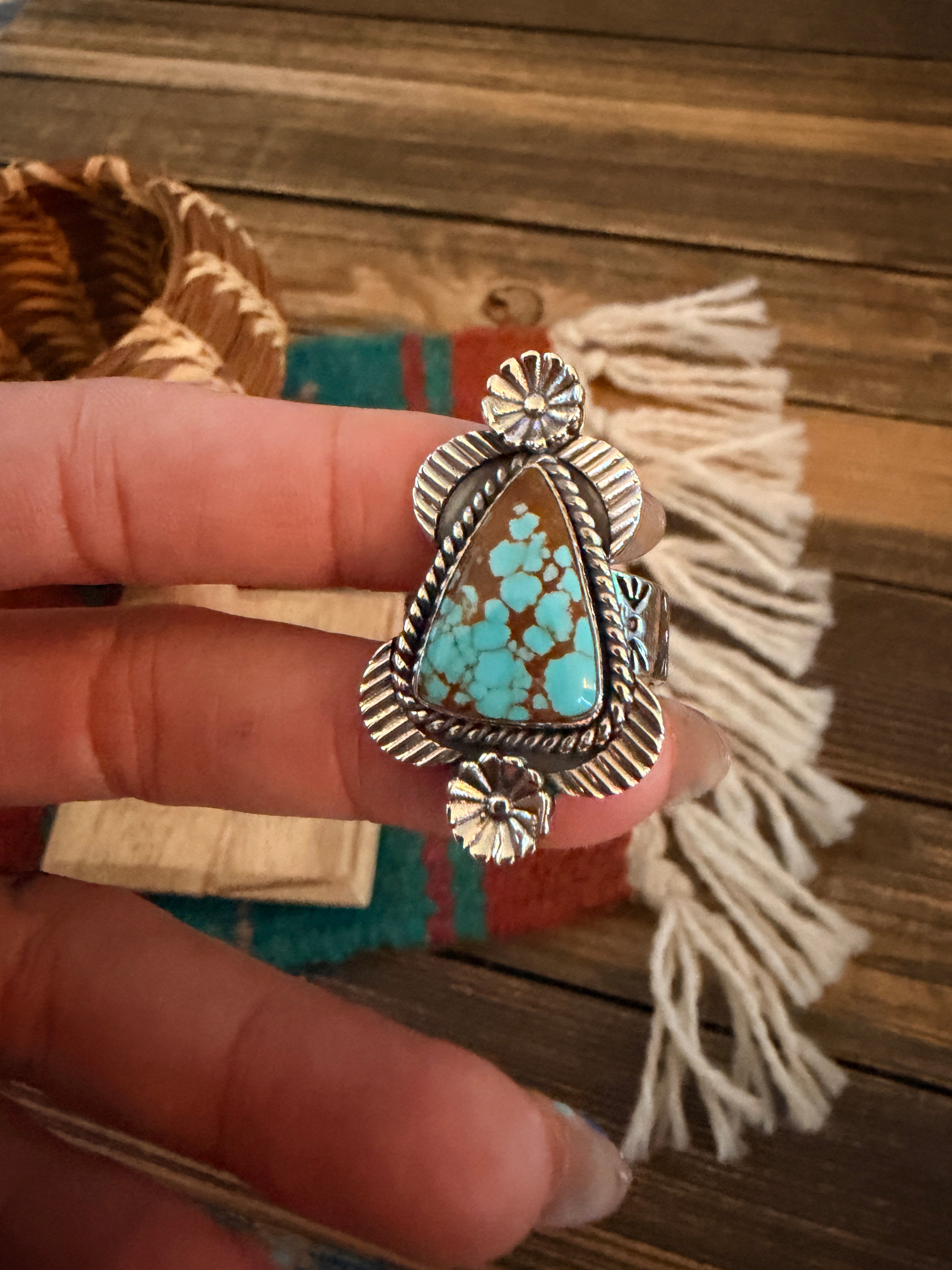 Handmade Sterling Silver Number 8 Turquoise Adjustable Ring Signed Nizhoni
