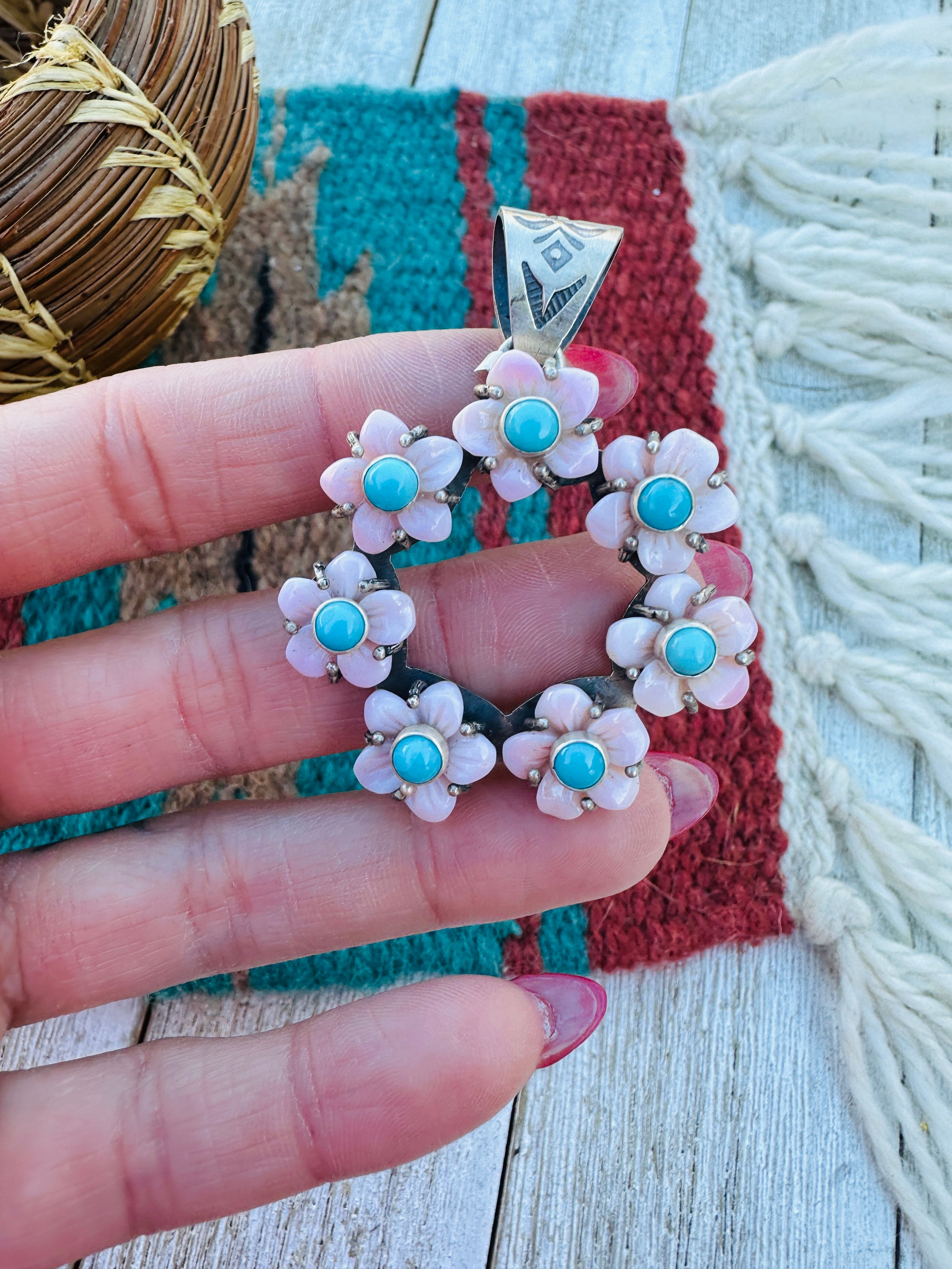 Handcrafted Sterling Silver, Queen Pink Conch & Turquoise Flower Pendant