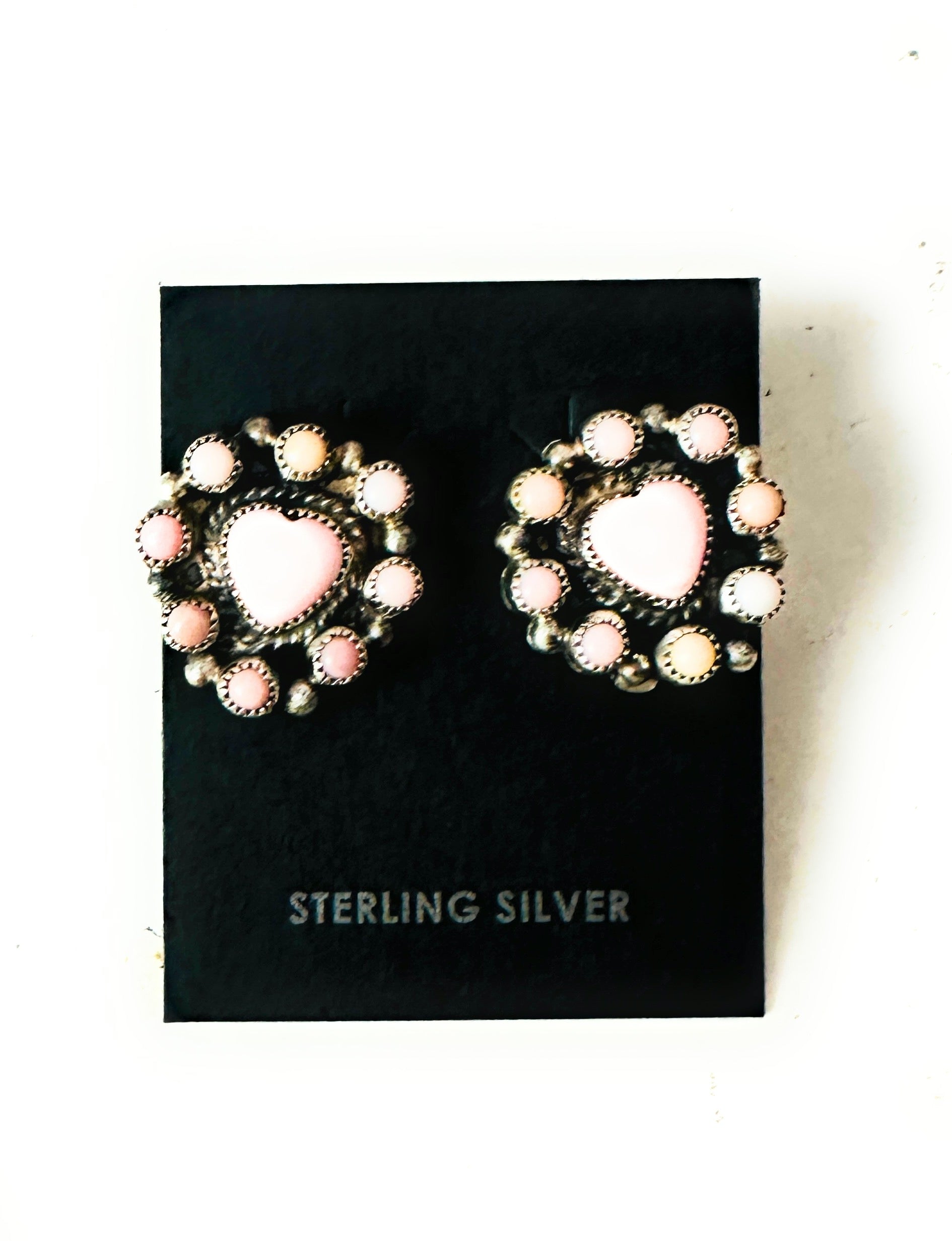 Navajo Sterling Silver & Queen Pink Conch Cluster Heart Earrings