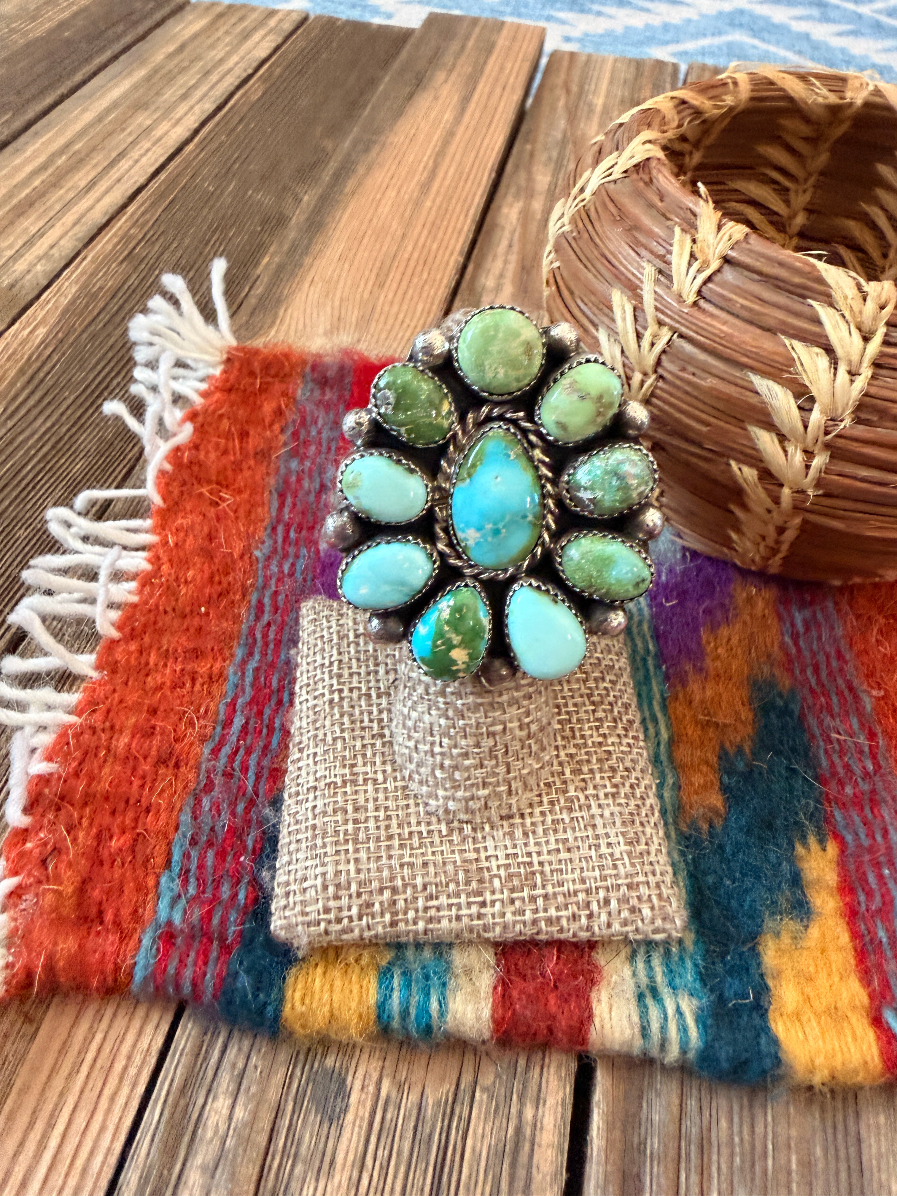 Handcrafted Sonoran Mountain Turquoise & Sterling Silver Cluster Adjustable Ring