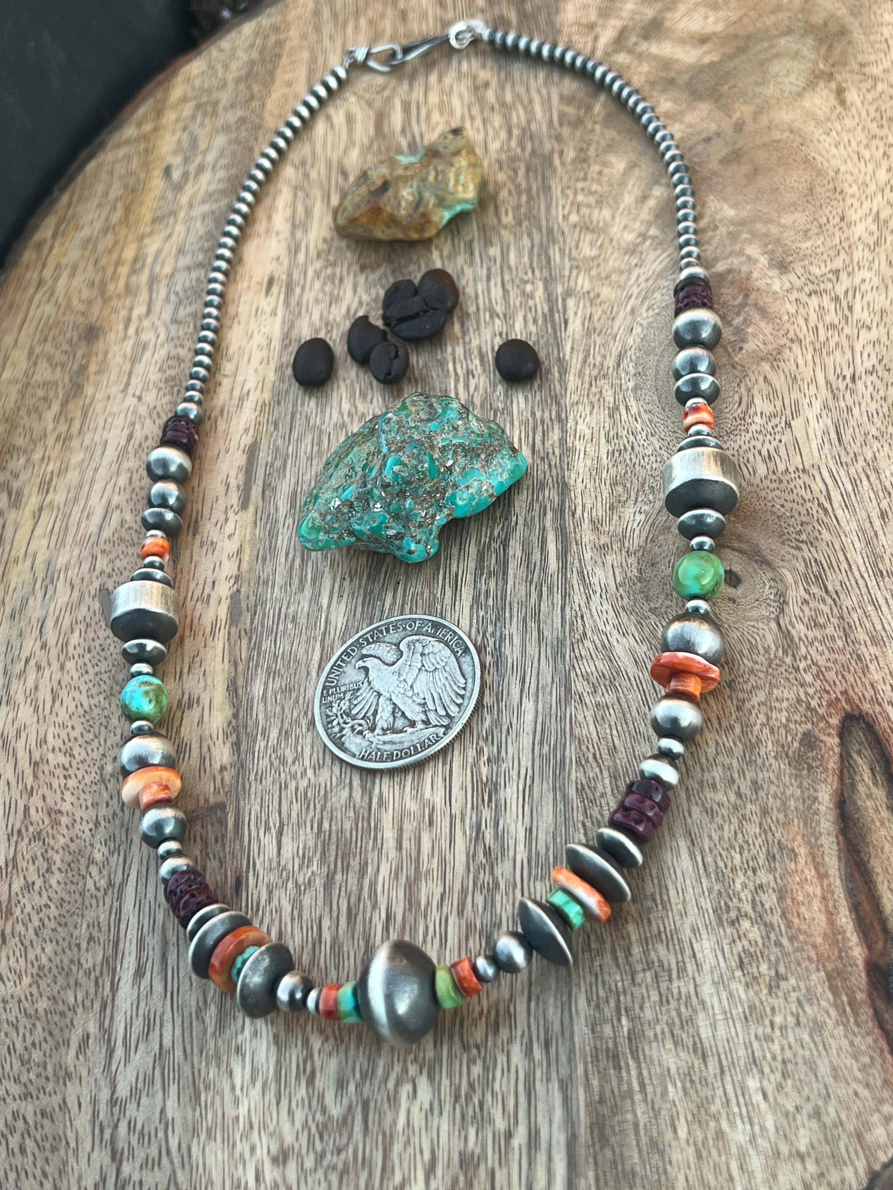 Rose Martin Electric Rainbow Sterling Silver, Turquoise and Spiny Oyster Single Strand Beaded Necklace, 22 inches