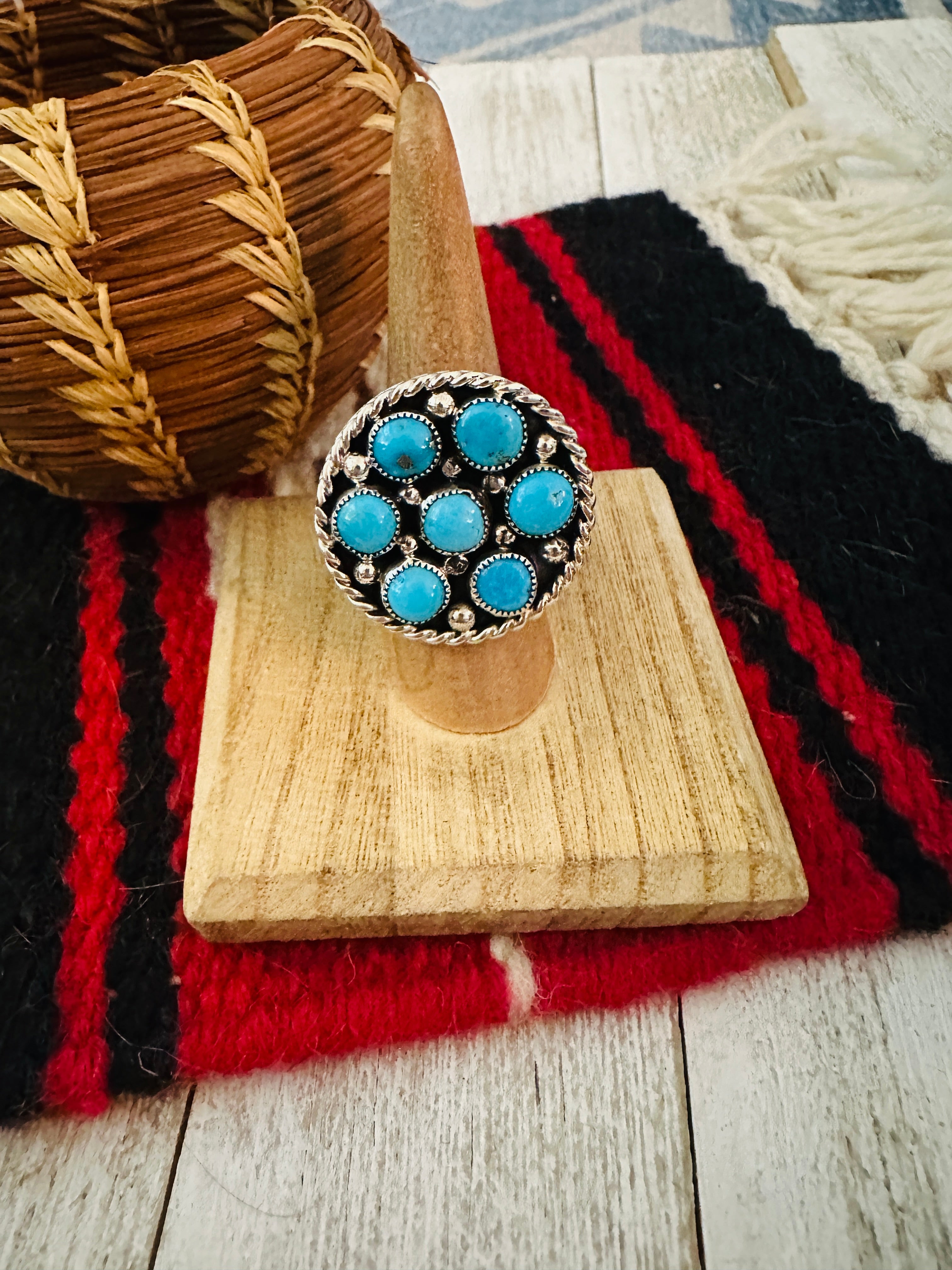 Navajo Sterling Silver & Kingman Turquoise Cluster Adjustable Ring