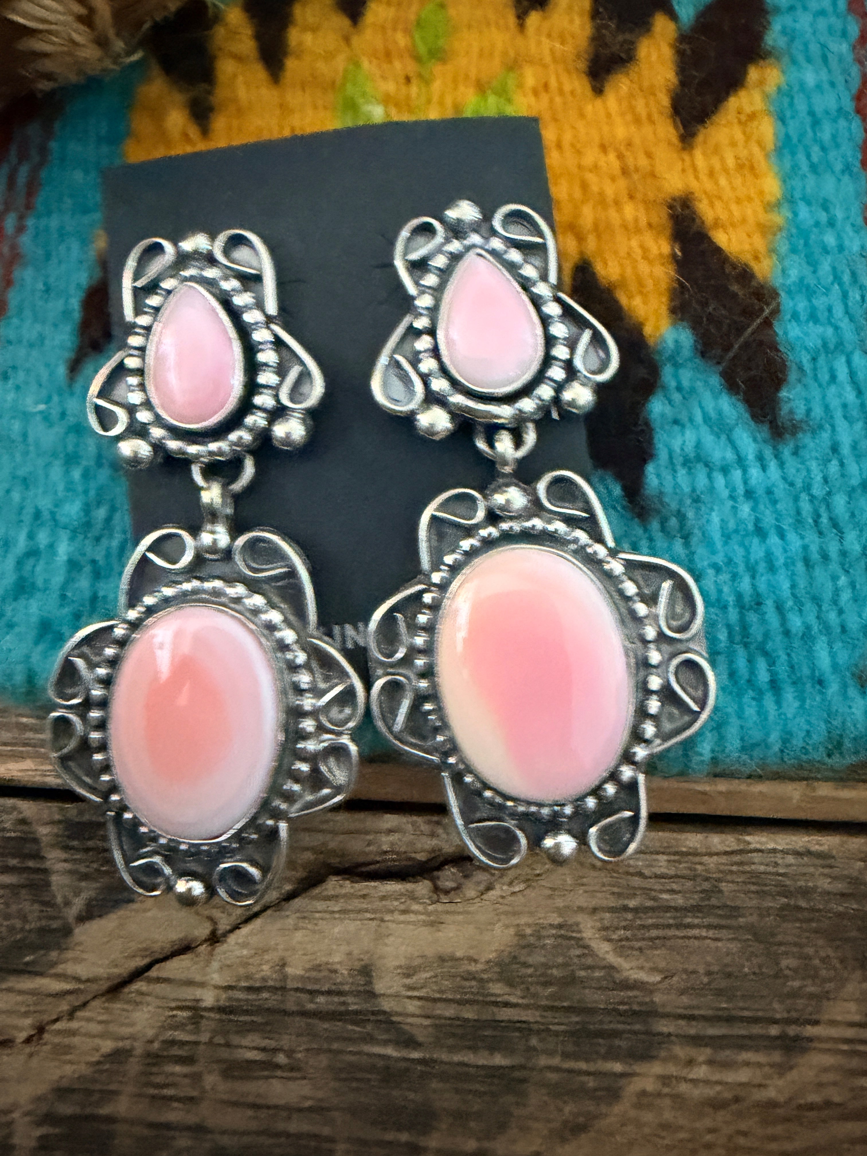 Handcrafted Queen Pink Conch & Sterling Silver Dangle Earrings