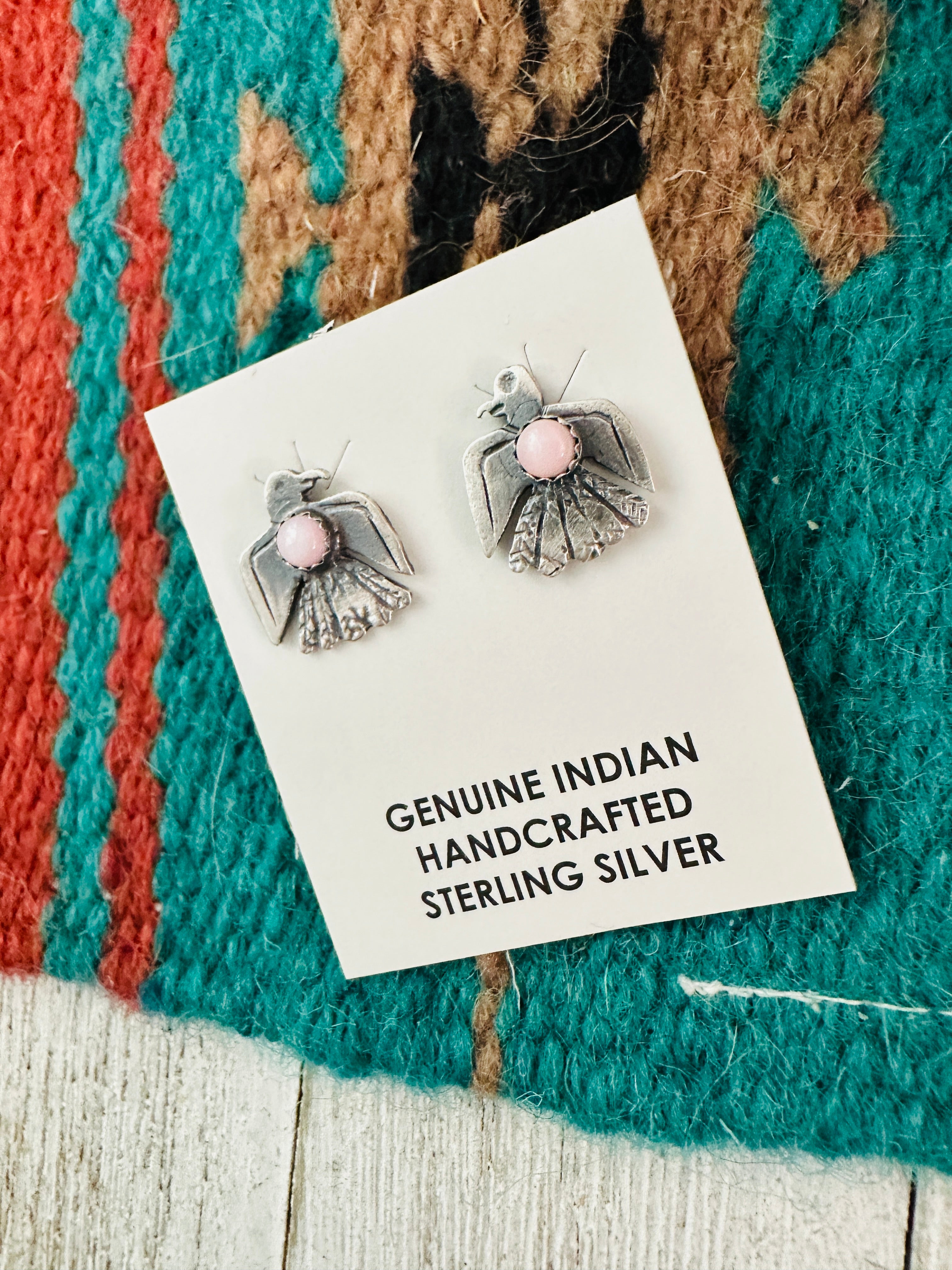 Navajo Sterling Silver & Queen Pink Thunderbird Stud Earrings