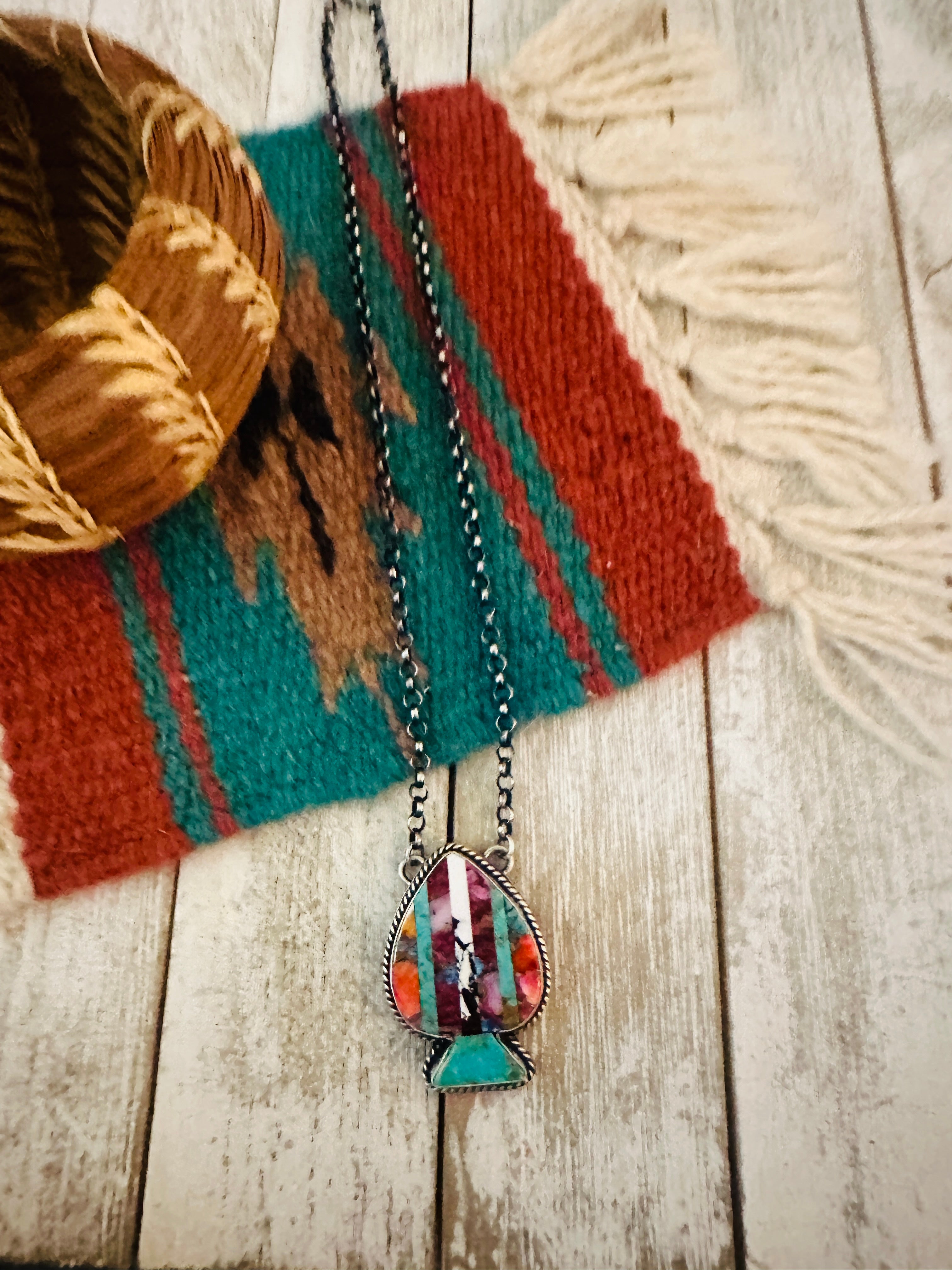 Navajo Sterling Silver & Multi Stone Inlay Spade Necklace