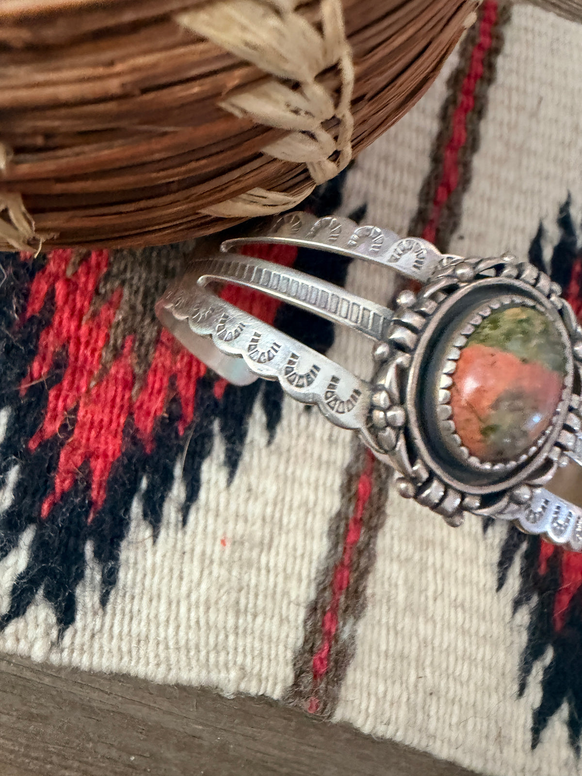 Handcrafted Old Pawn Unakite & Sterling Silver Cuff Bracelet