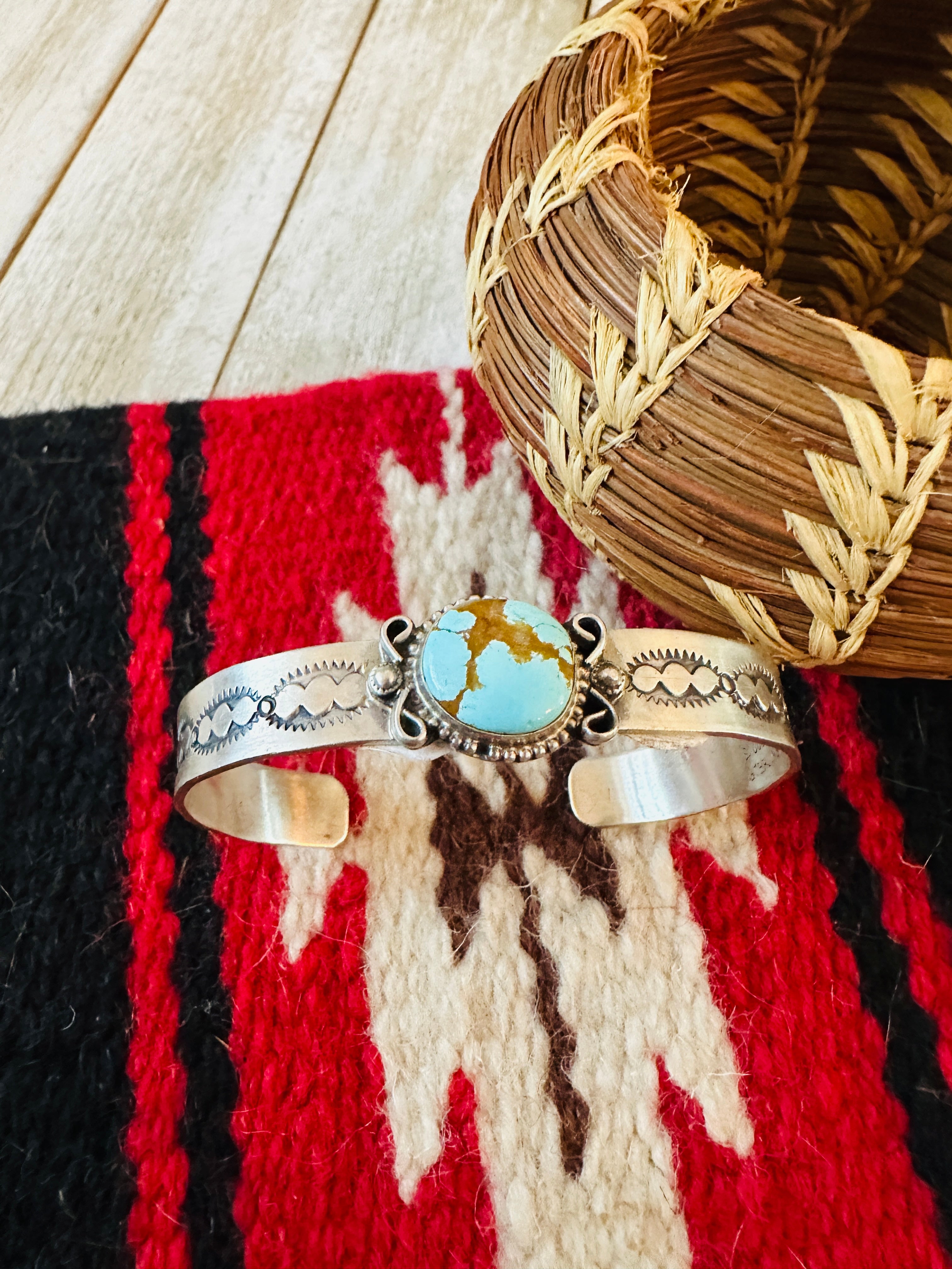 Handcrafted & Hand Stamped Sterling Silver & Turquoise Cuff Bracelet