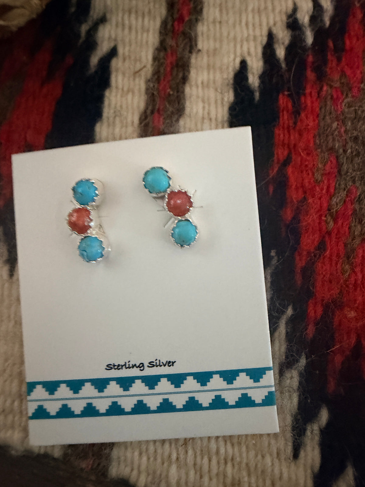 Handcrafted Turquoise, Coral & Sterling Silver Stud Earrings