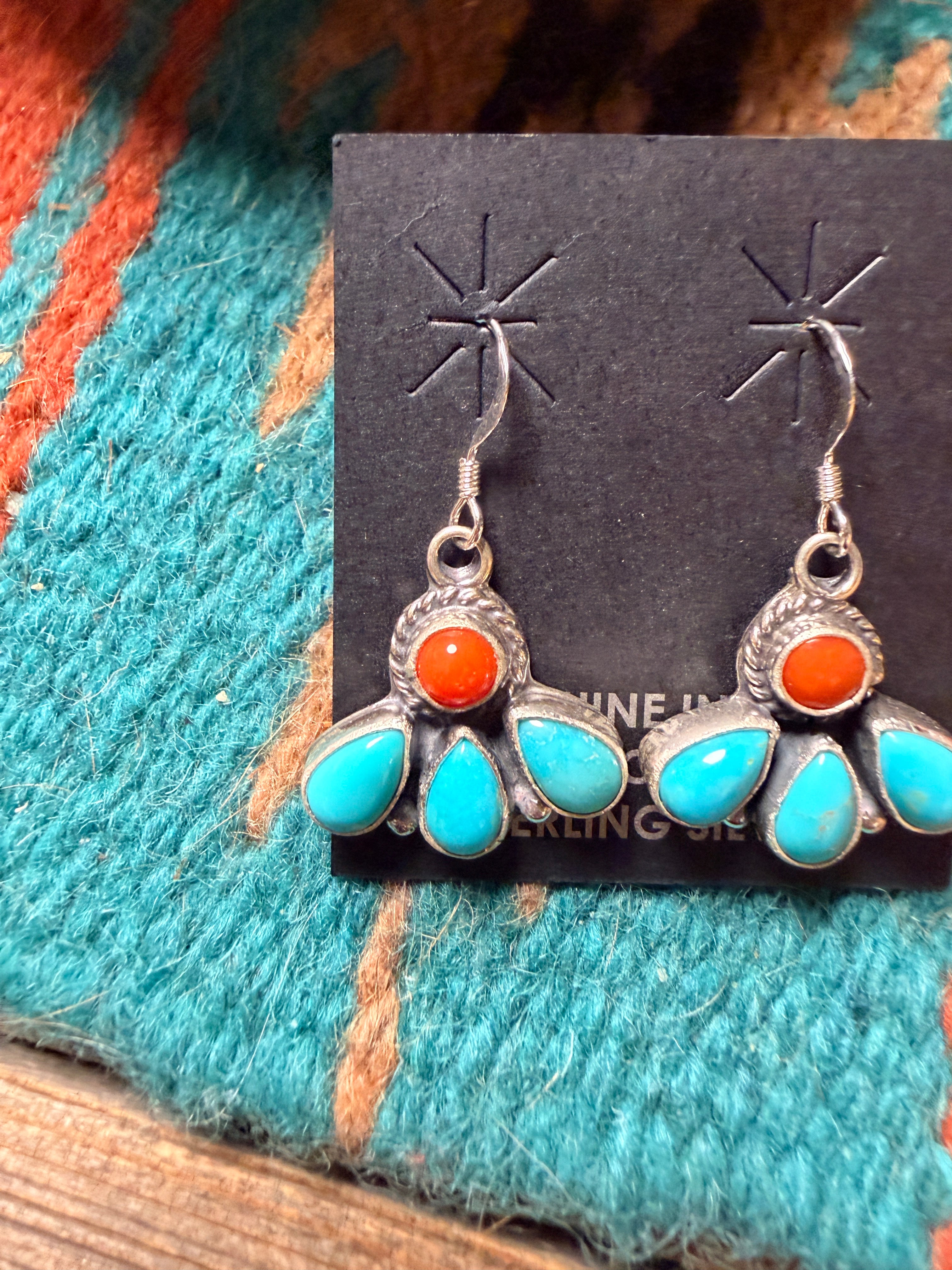 Handcrafted Turquoise, Coral & Sterling Silver Dangle Earrings