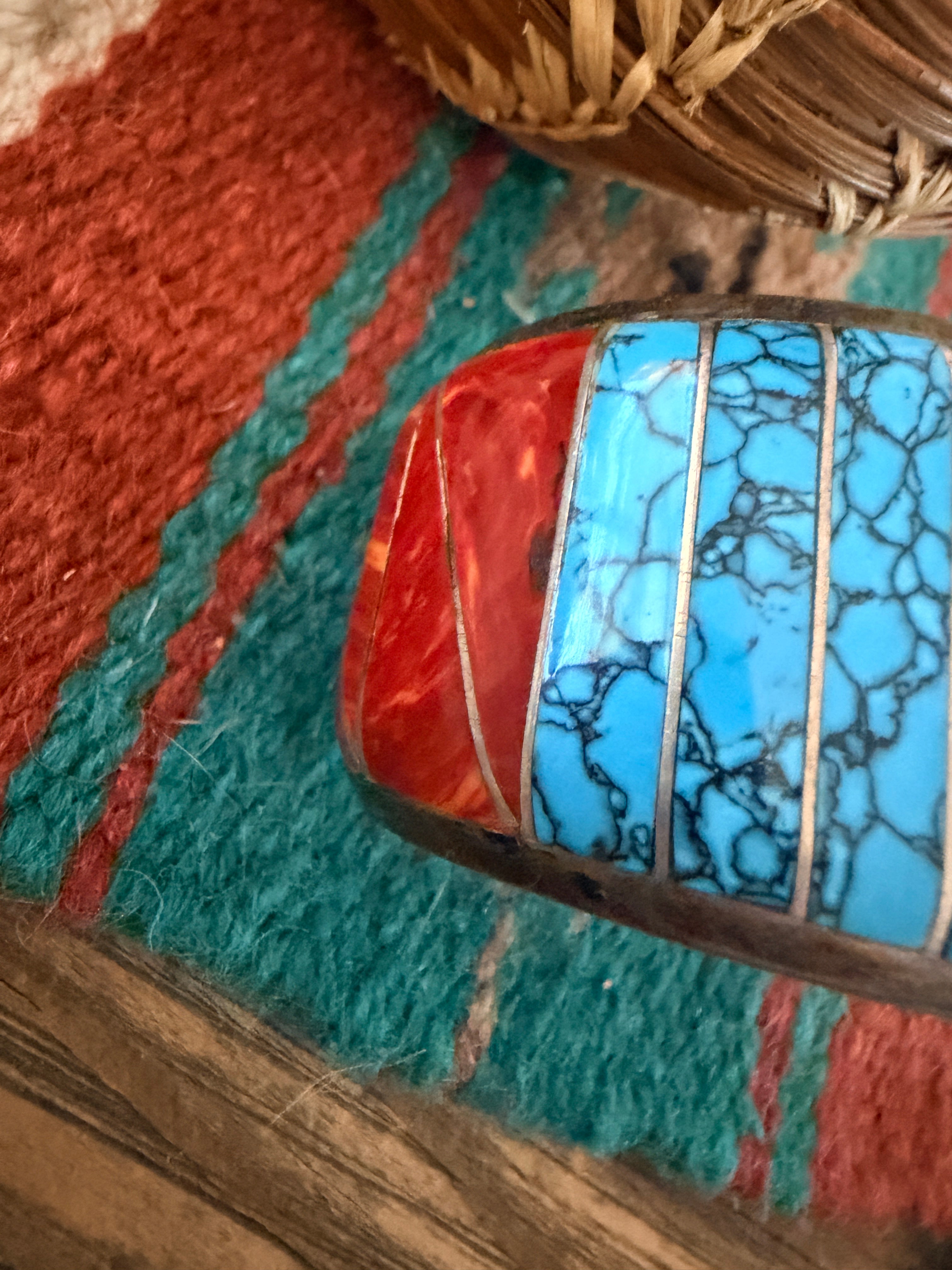 Handcrafted Old Pawn Sterling Silver, Turquoise & Spiny Oyster Inlay Cuff Bracelet
