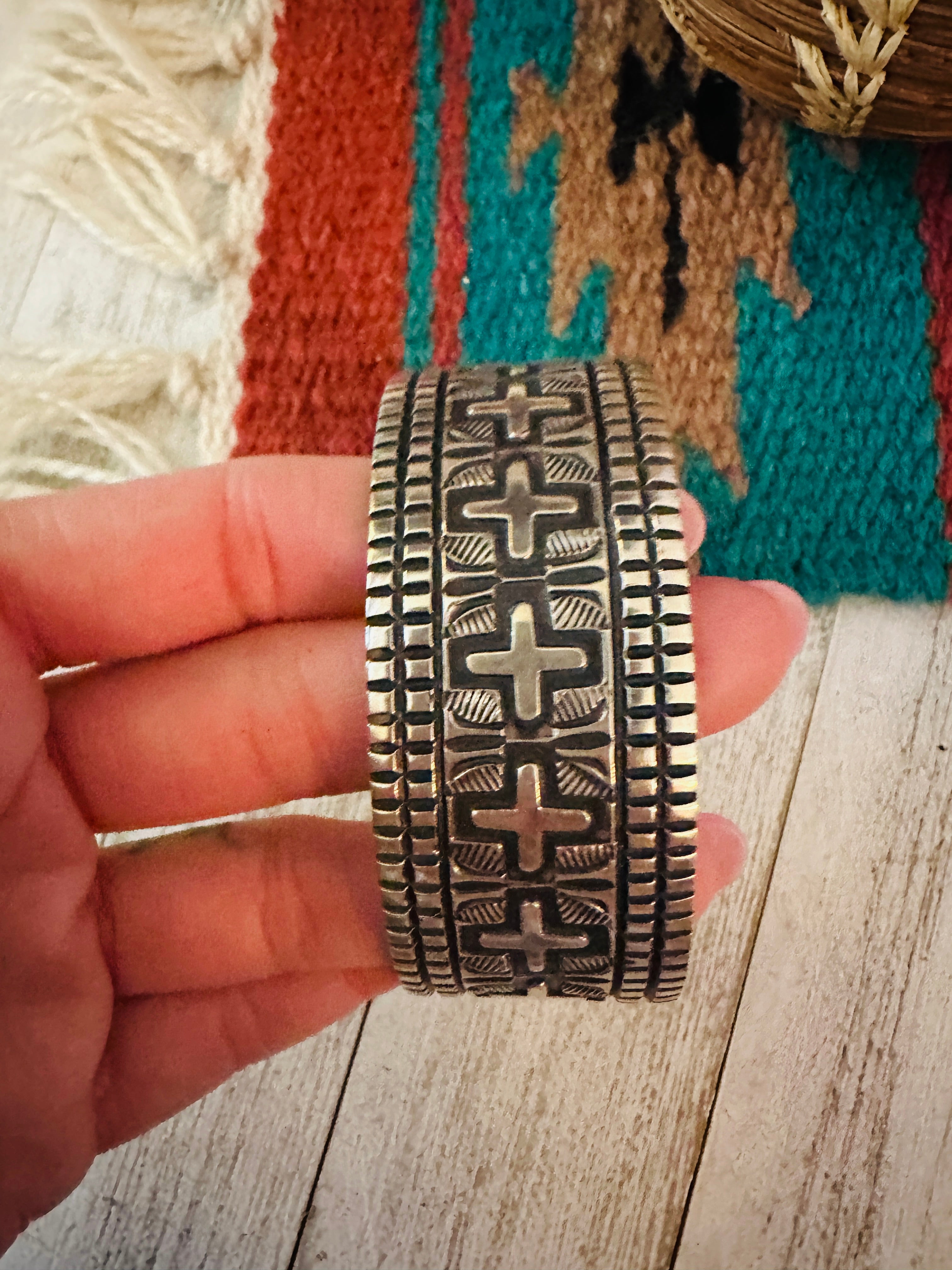 Navajo Hand Stamped Sterling Silver Cross Cuff Bracelet By Elvira Bill