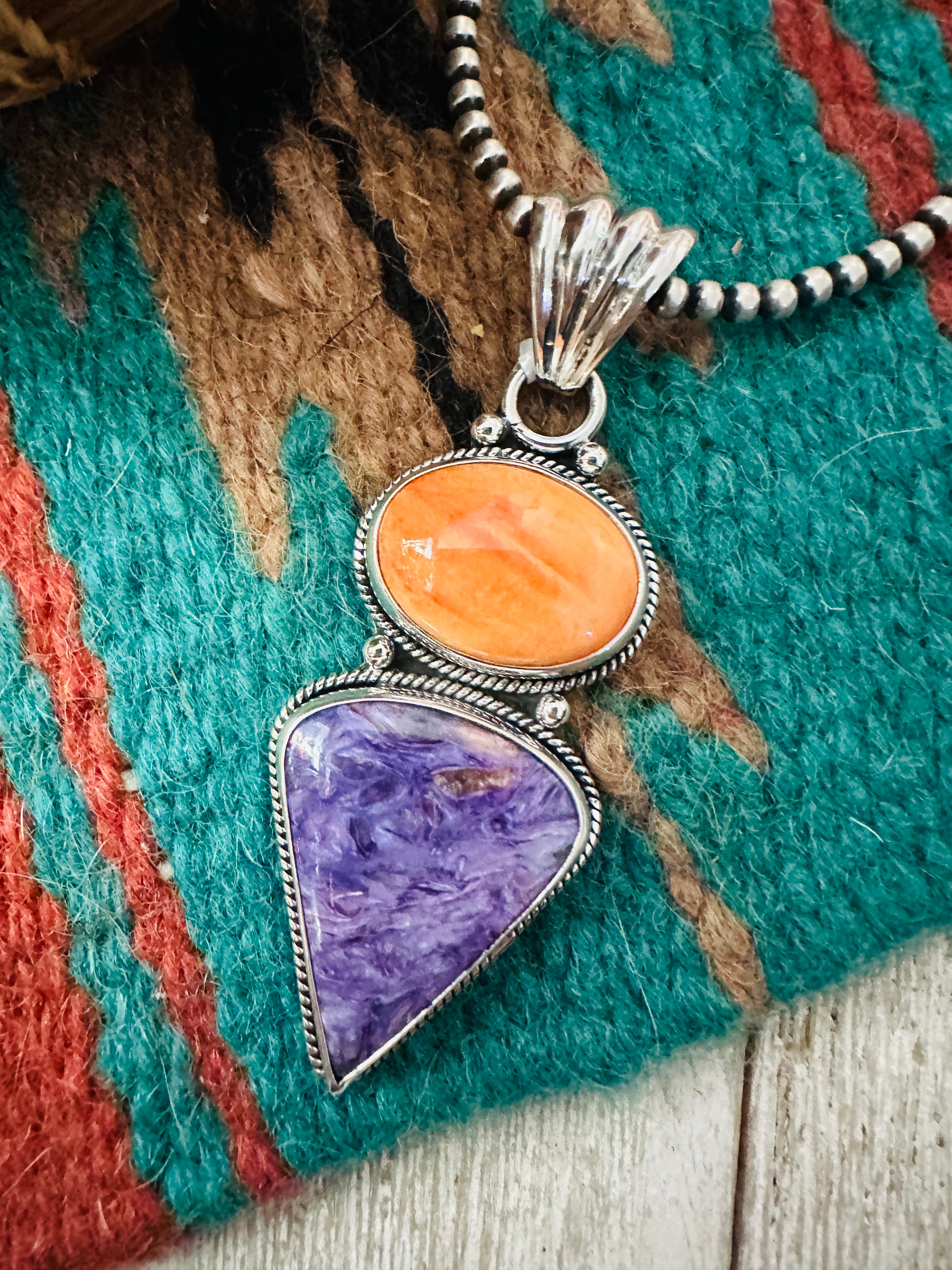 Handcrafted Sterling Silver, Spiny & Charoite Pendant