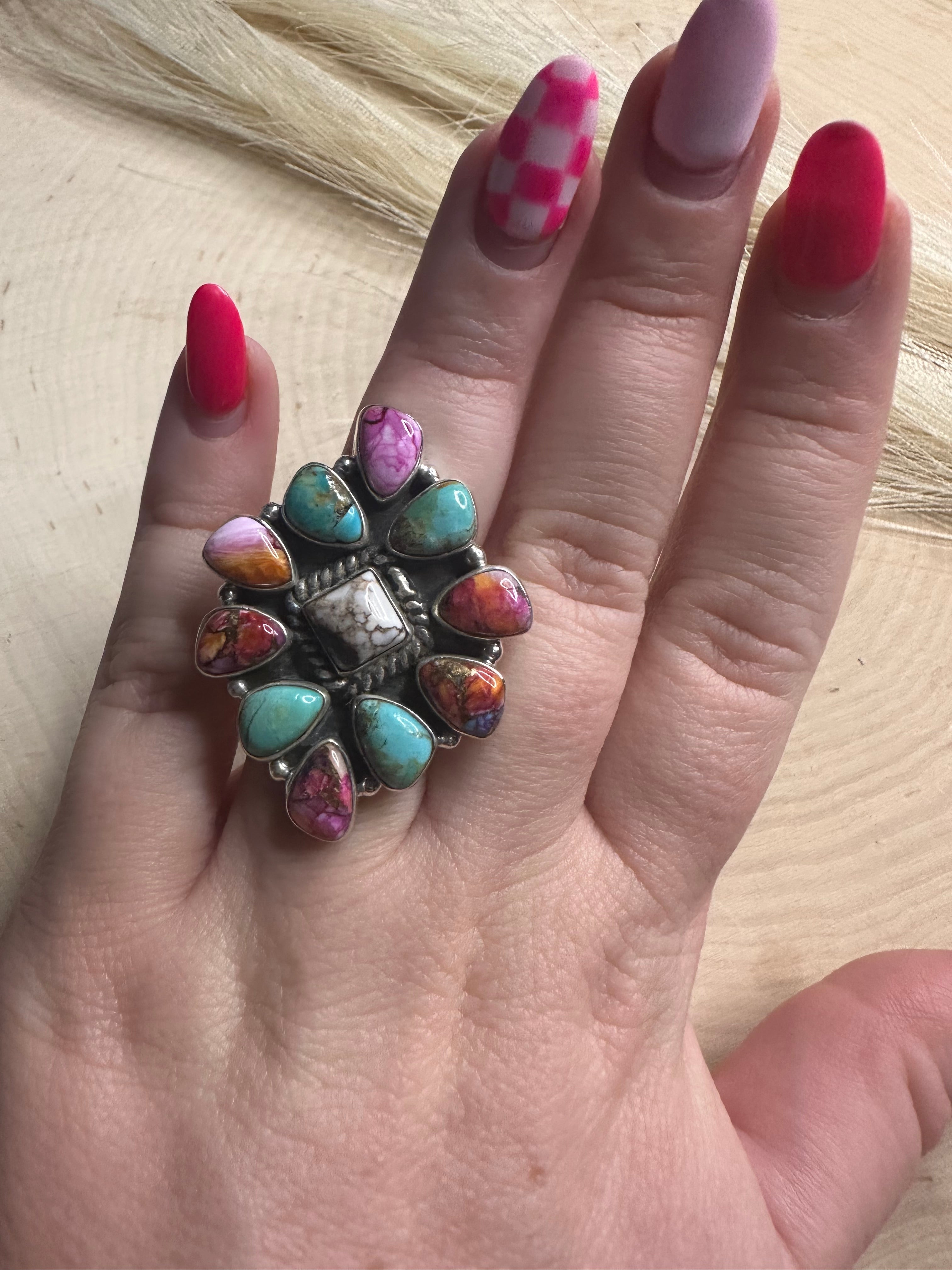 Handmade Pink Dream Mojave, Wild Horse, Turquoise And Sterling Silver Adjustable Ring