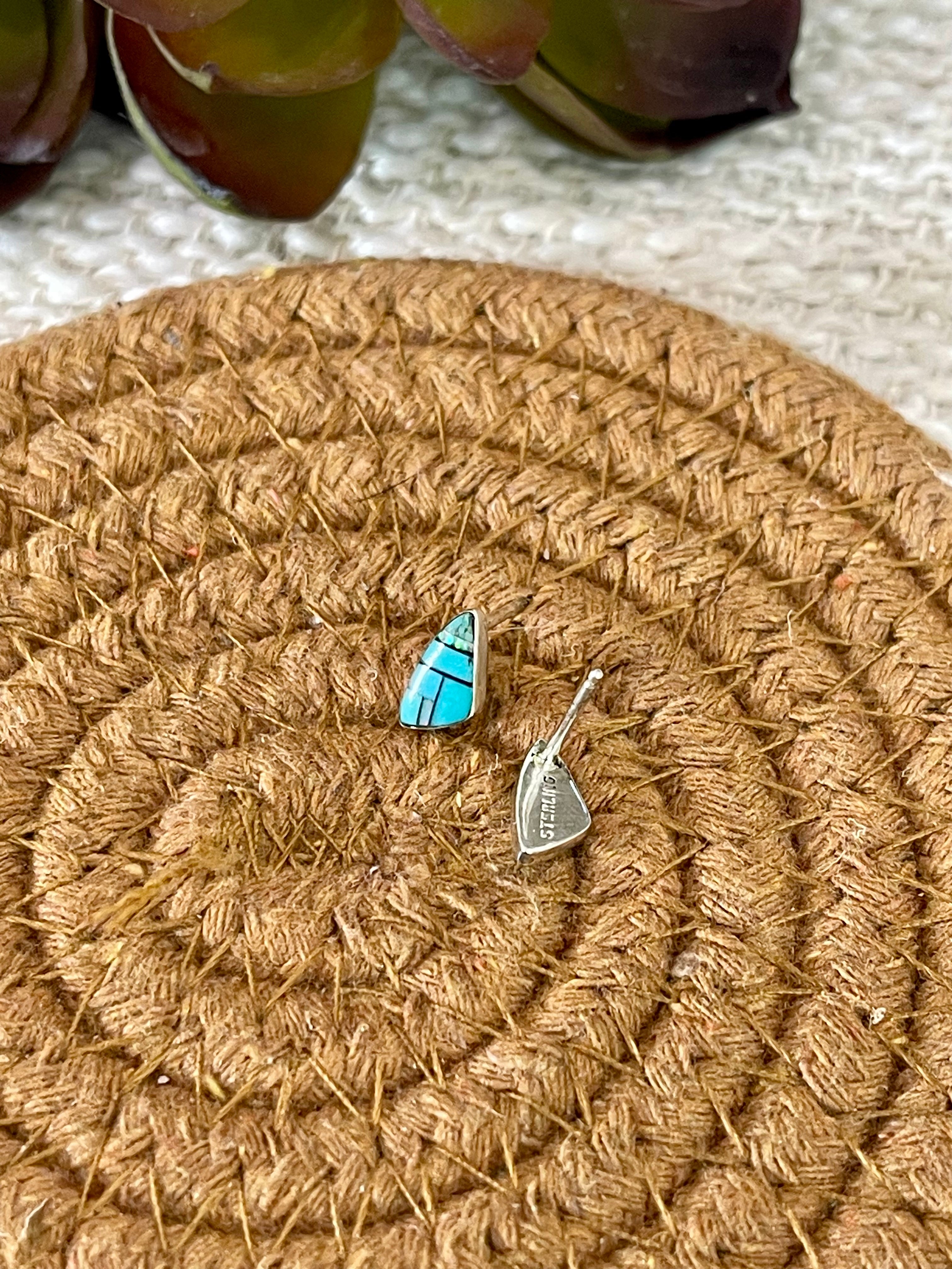 Beautiful Handmade Sterling Silver & Turquoise Inlay Stud Earrings