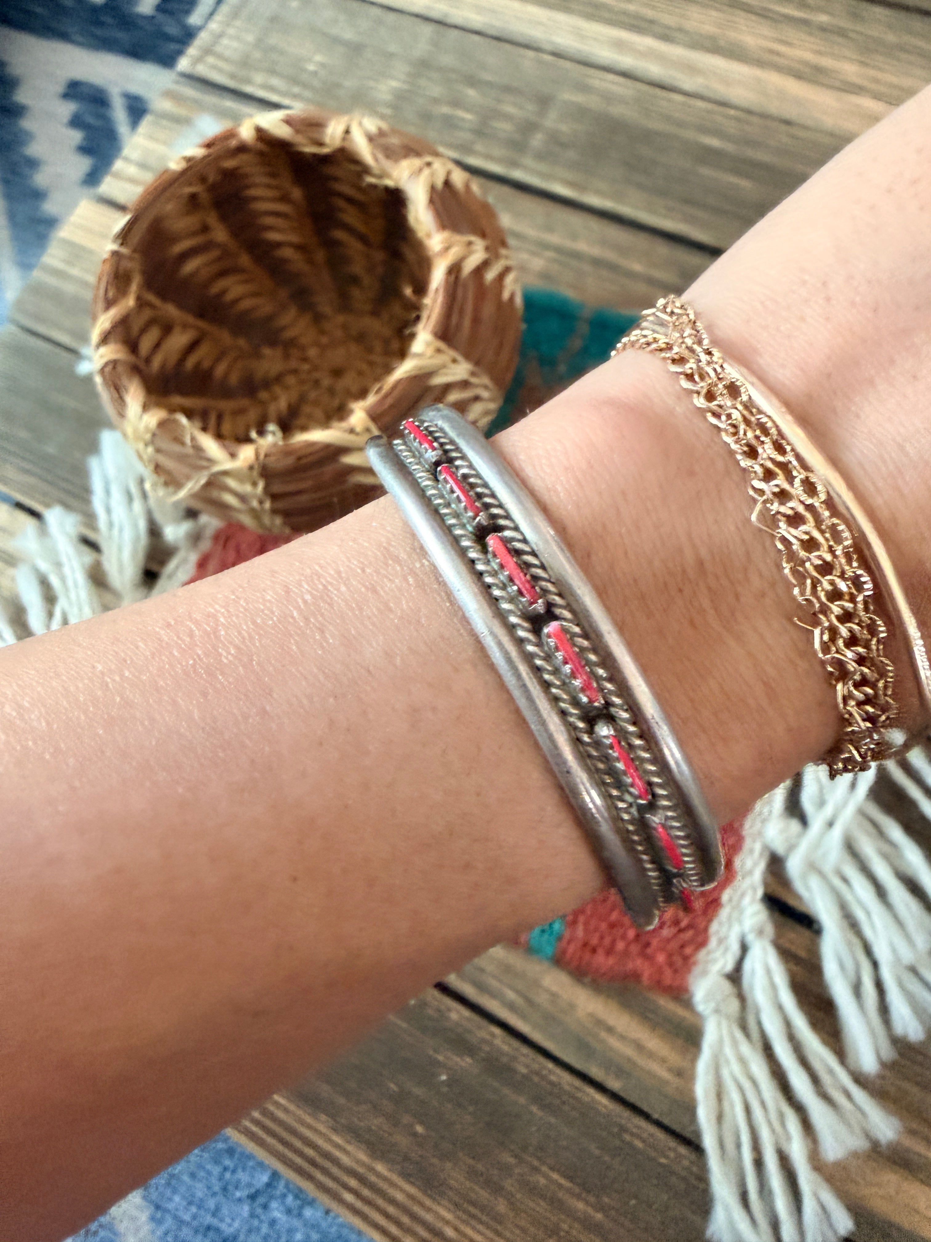 Handcrafted Old Pawn Sterling Silver & Coral Needlepoint Cuff Bracelet