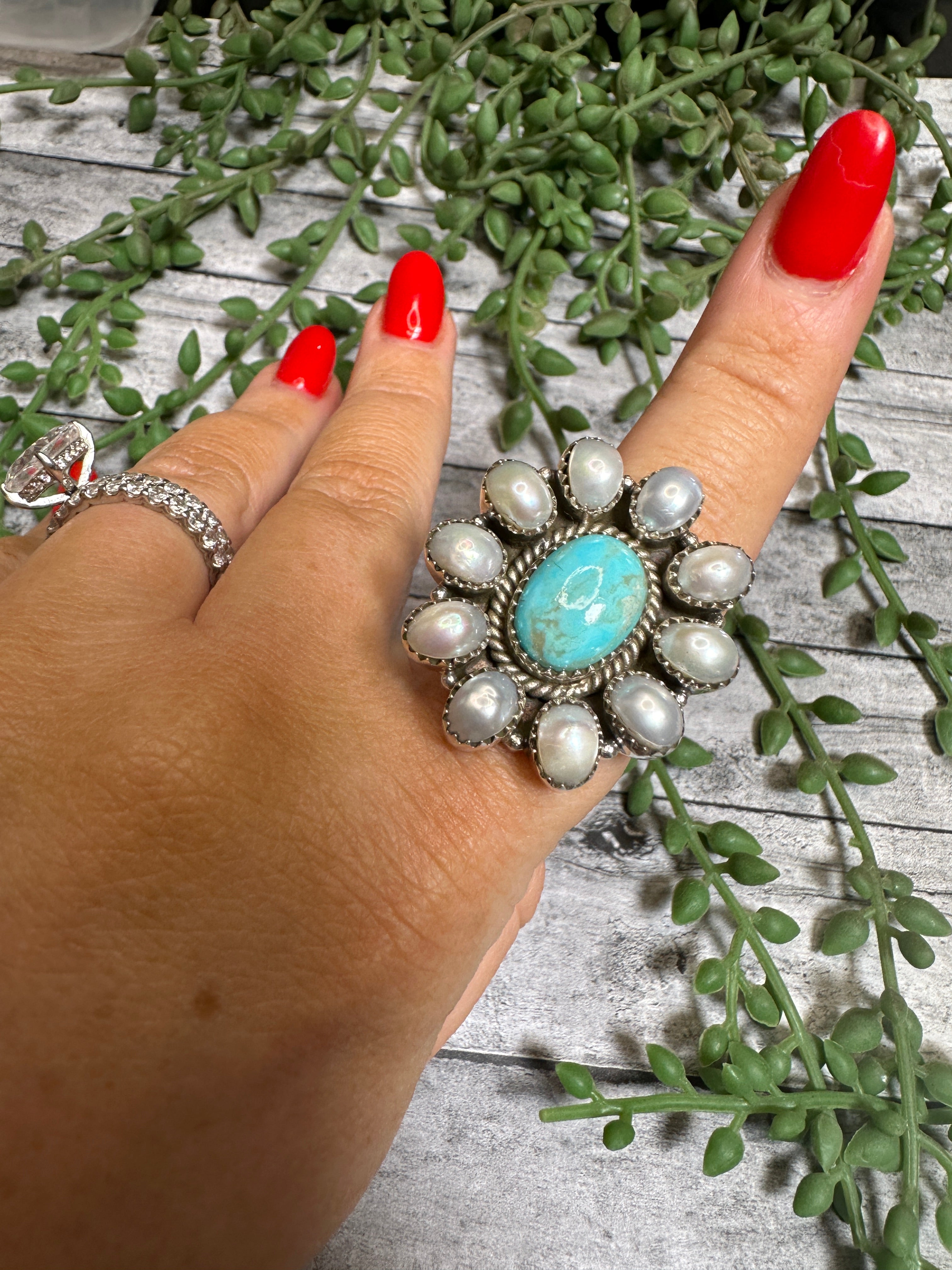 Beautiful Handmade Mother of Pearl, Turquoise And Sterling Silver Adjustable Ring