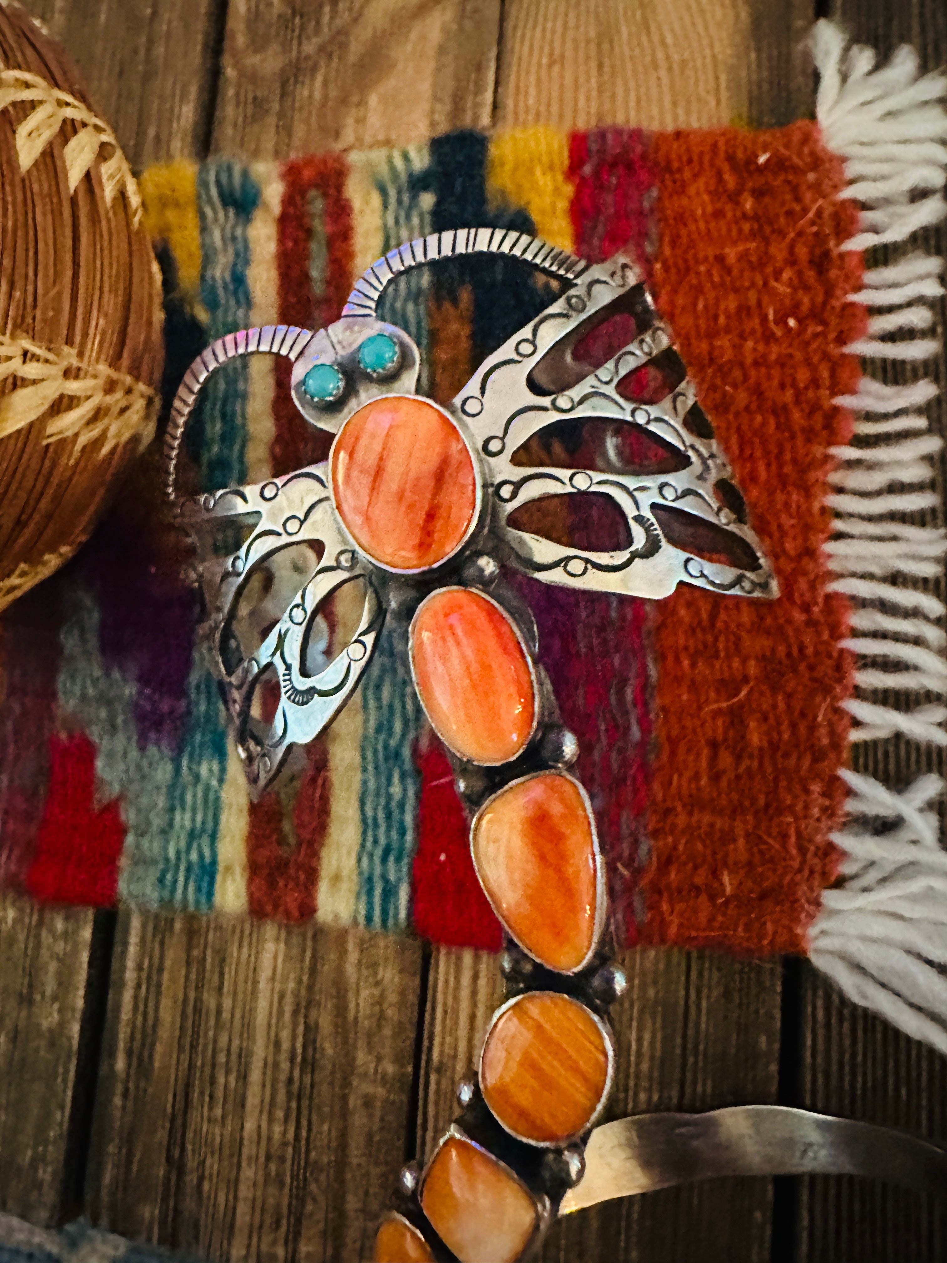 Handcrafted Sterling Silver, Spiny Oyster & Turquoise Dragonfly Cuff Bracelet by Russell Sam