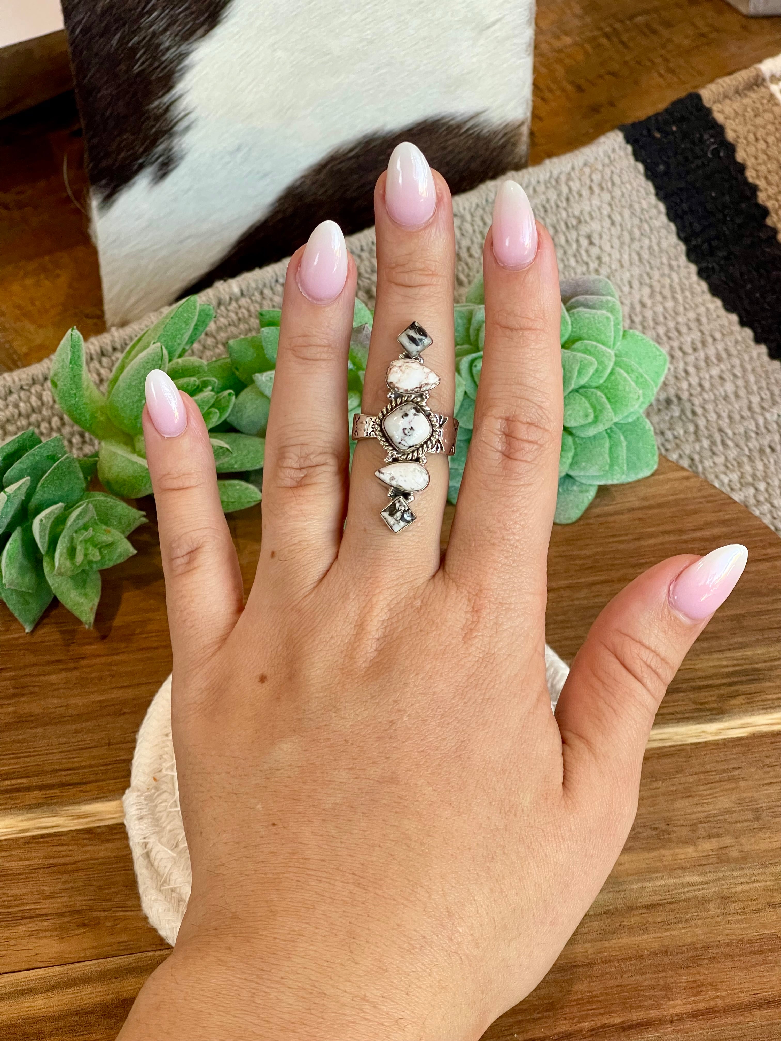 Beautiful Handmade White Buffalo And Sterling Silver Adjustable Ring