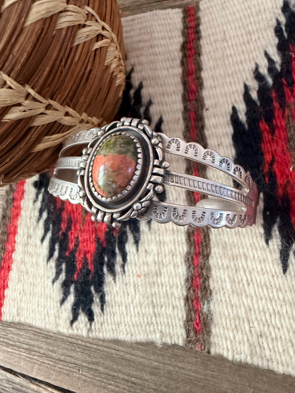 Handcrafted Old Pawn Unakite & Sterling Silver Cuff Bracelet