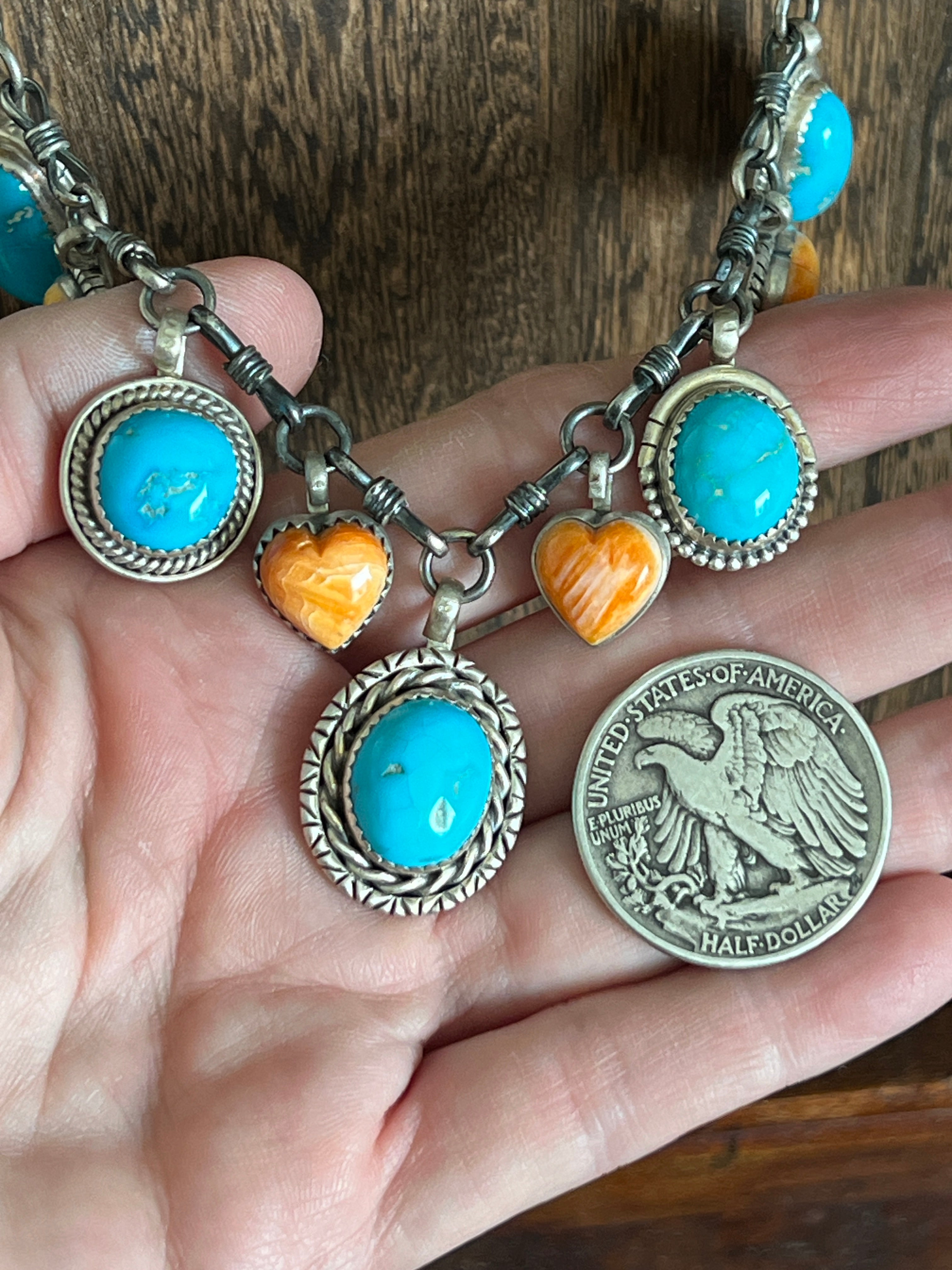 Navajo Sterling Silver, Turquoise & Spiny Heart Necklace, Signed RY