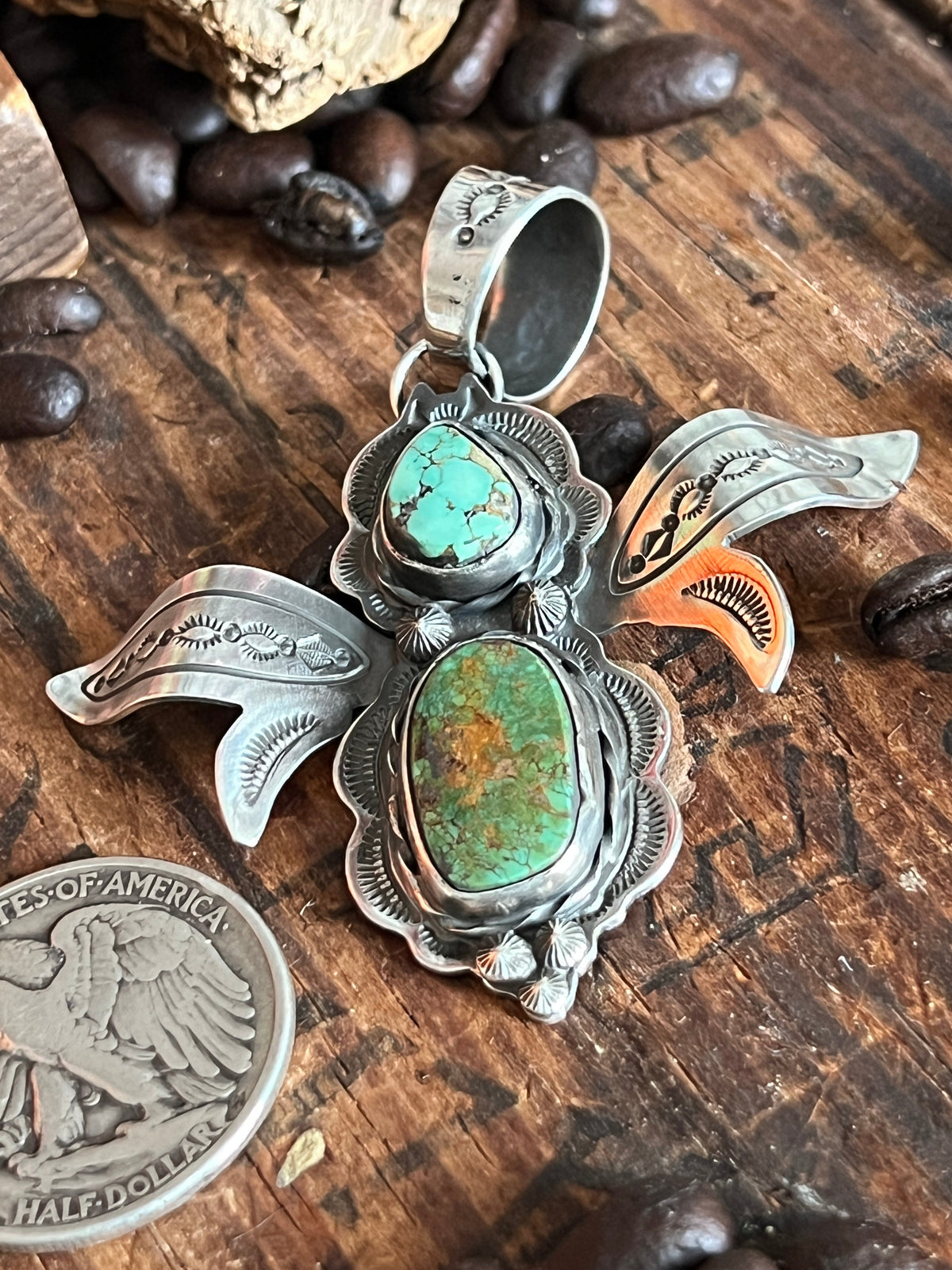 Sterling Silver and Turquoise Winged Bug Pendant by Kimari Somers