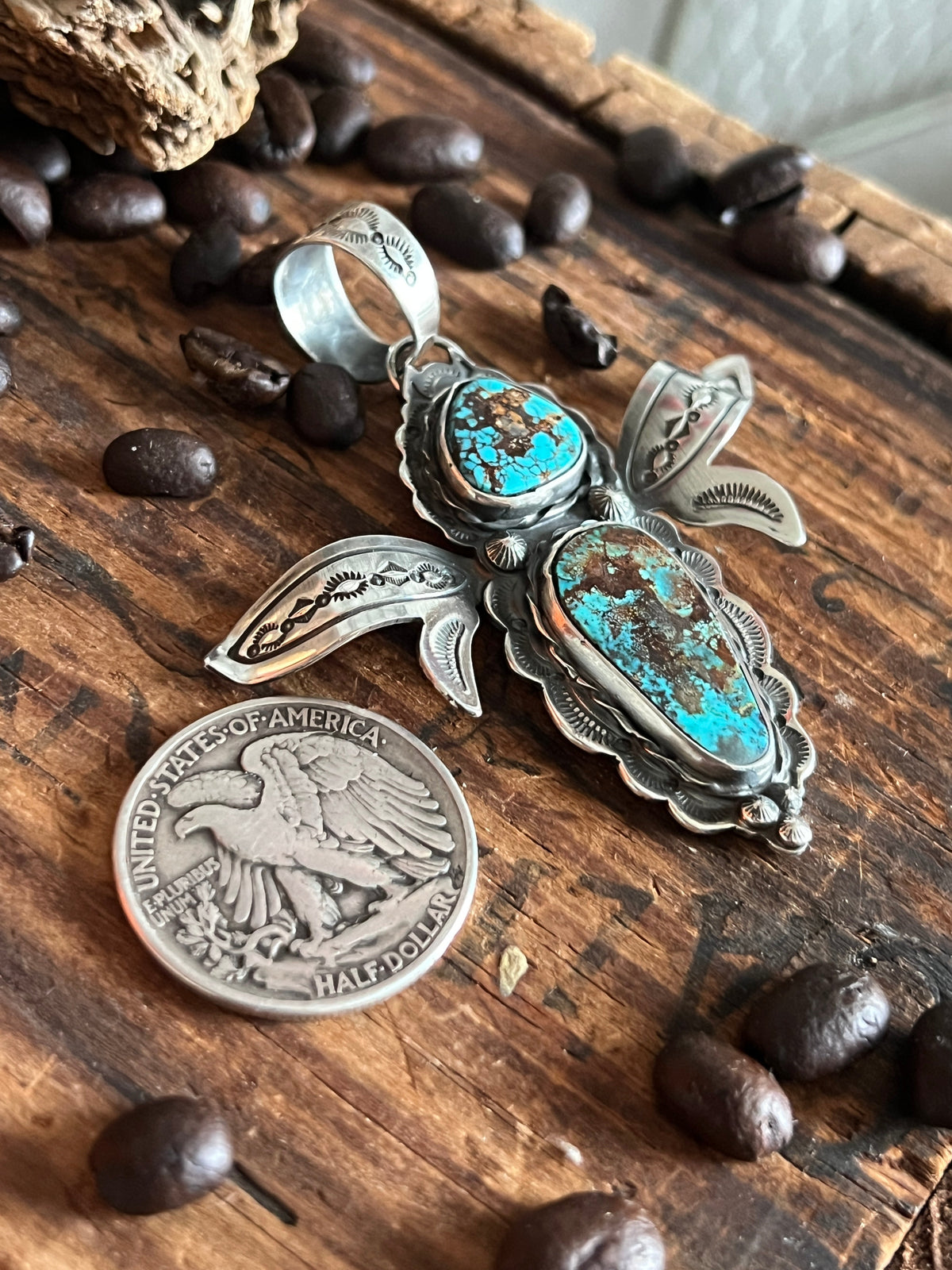 Kimari Somers Hand Stamped Sterling Silver and Turquoise Winged Bug Pendant