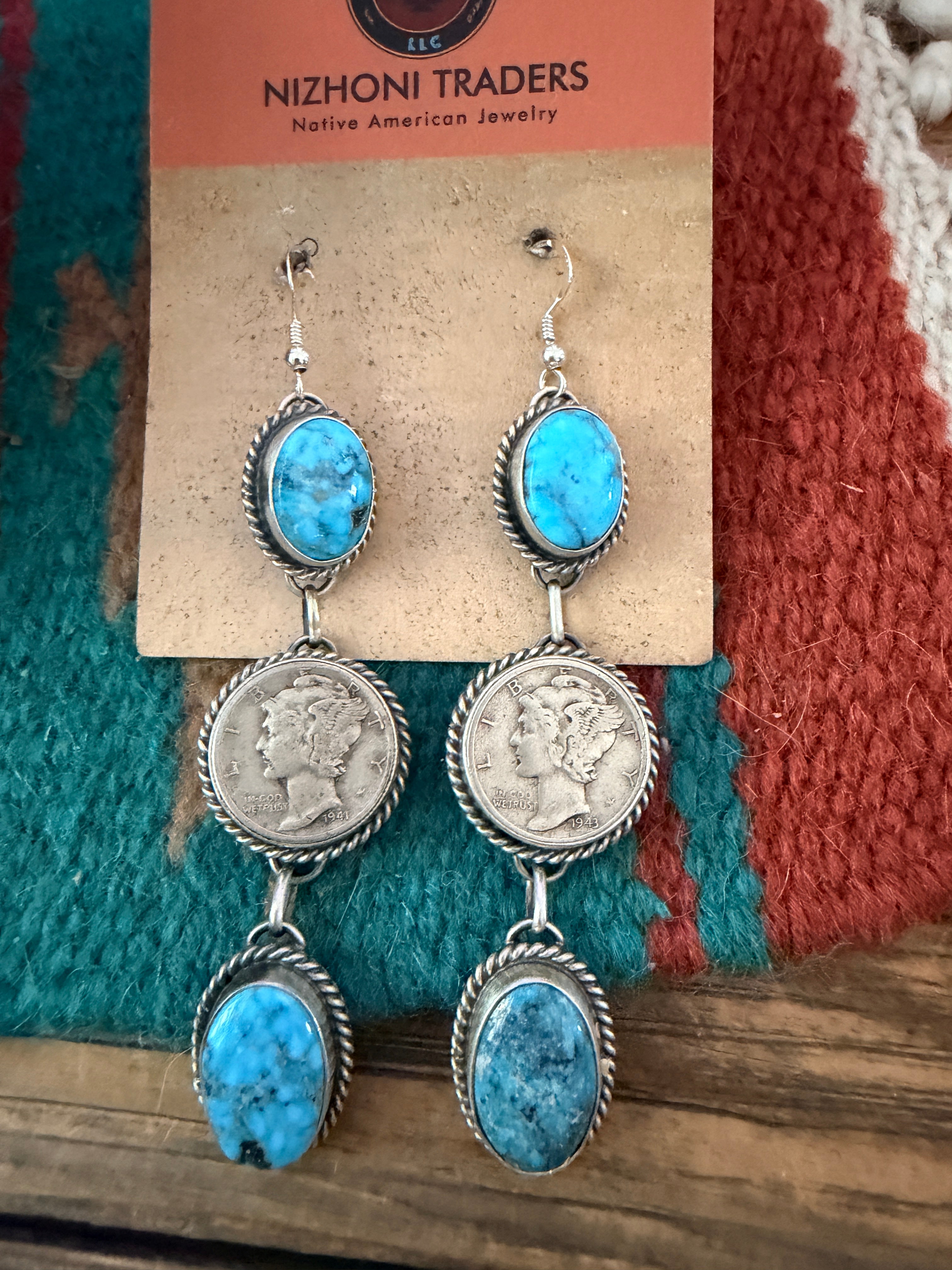 Handcrafted Turquoise & Sterling Silver Liberty Dime Dangle Earrings by Hiram Largo