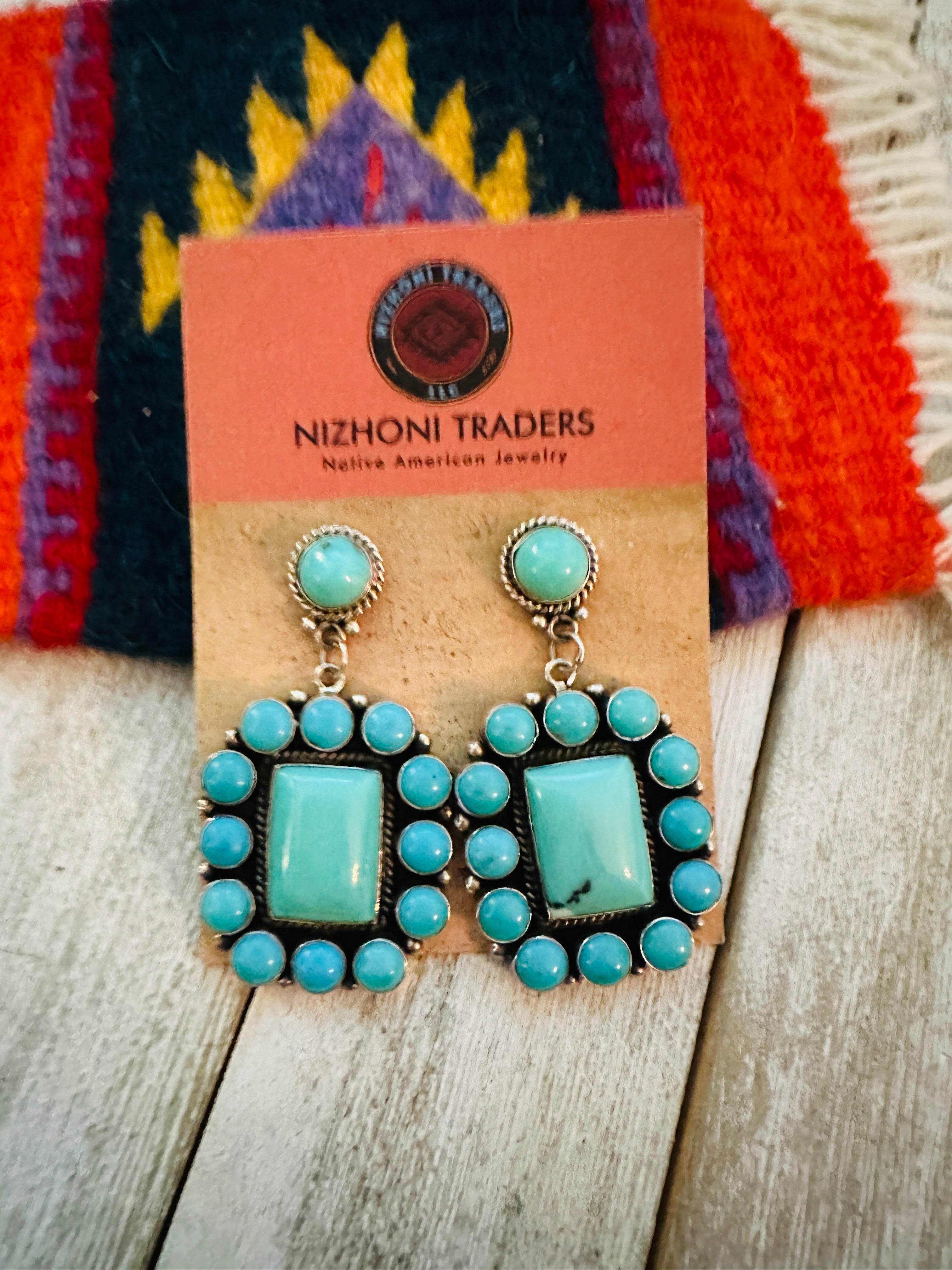 Navajo Sterling Silver & Turquoise Cluster Dangle Earrings