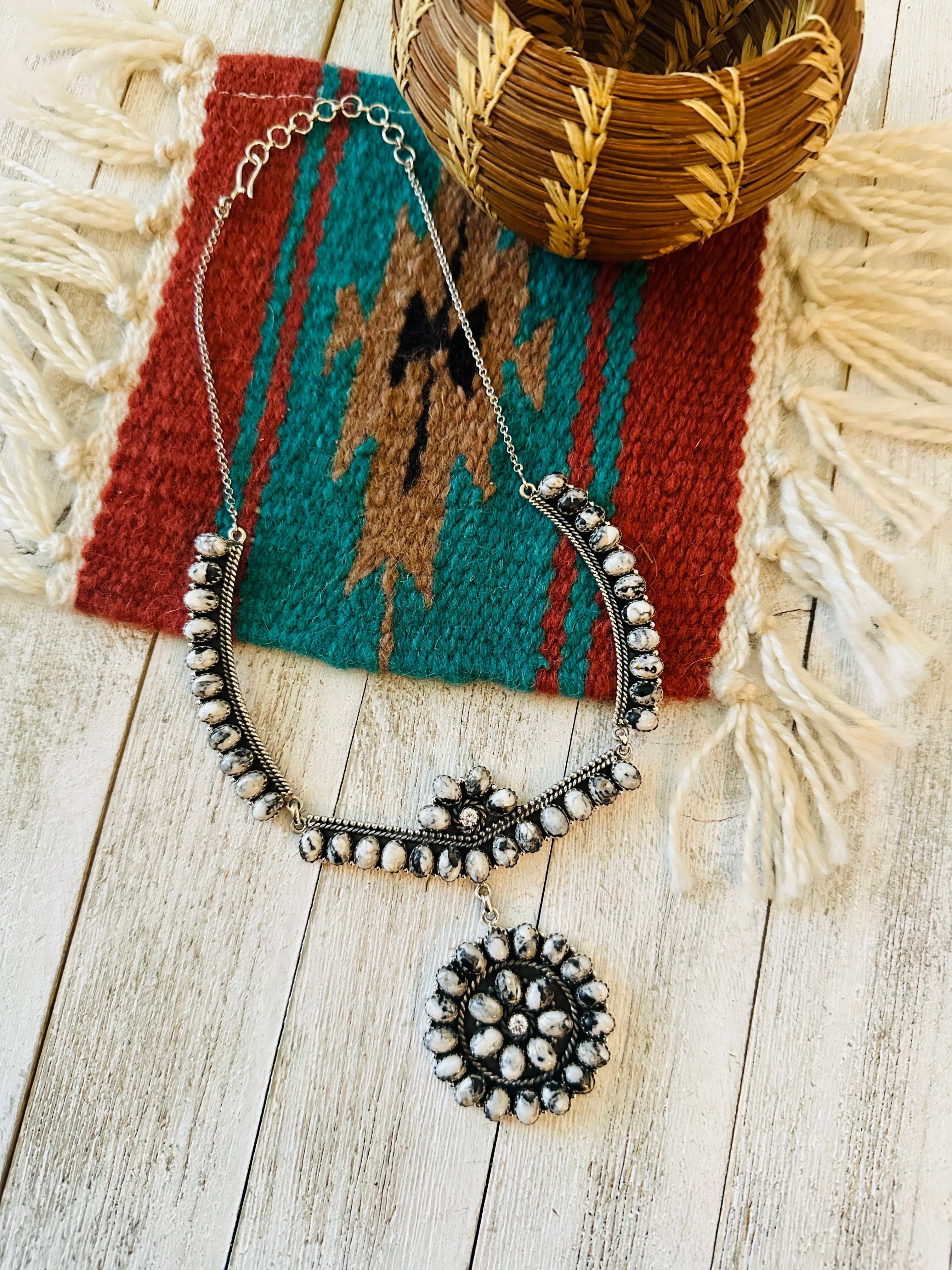 Handmade Sterling Silver, White Buffalo Cluster Necklace