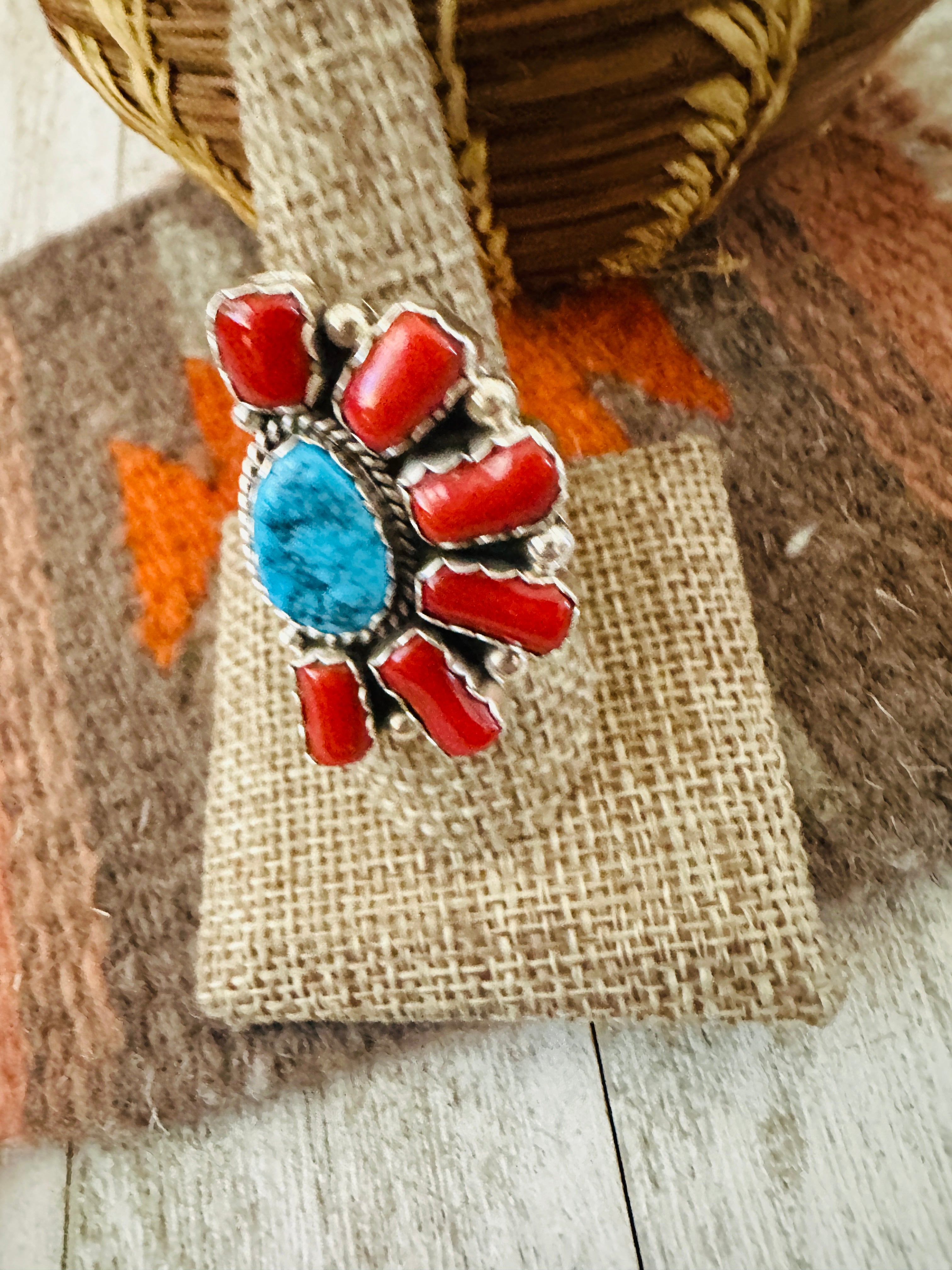 Handcrafted Turquoise, Coral & Sterling Silver Cluster Ring by Julia Etsitty
