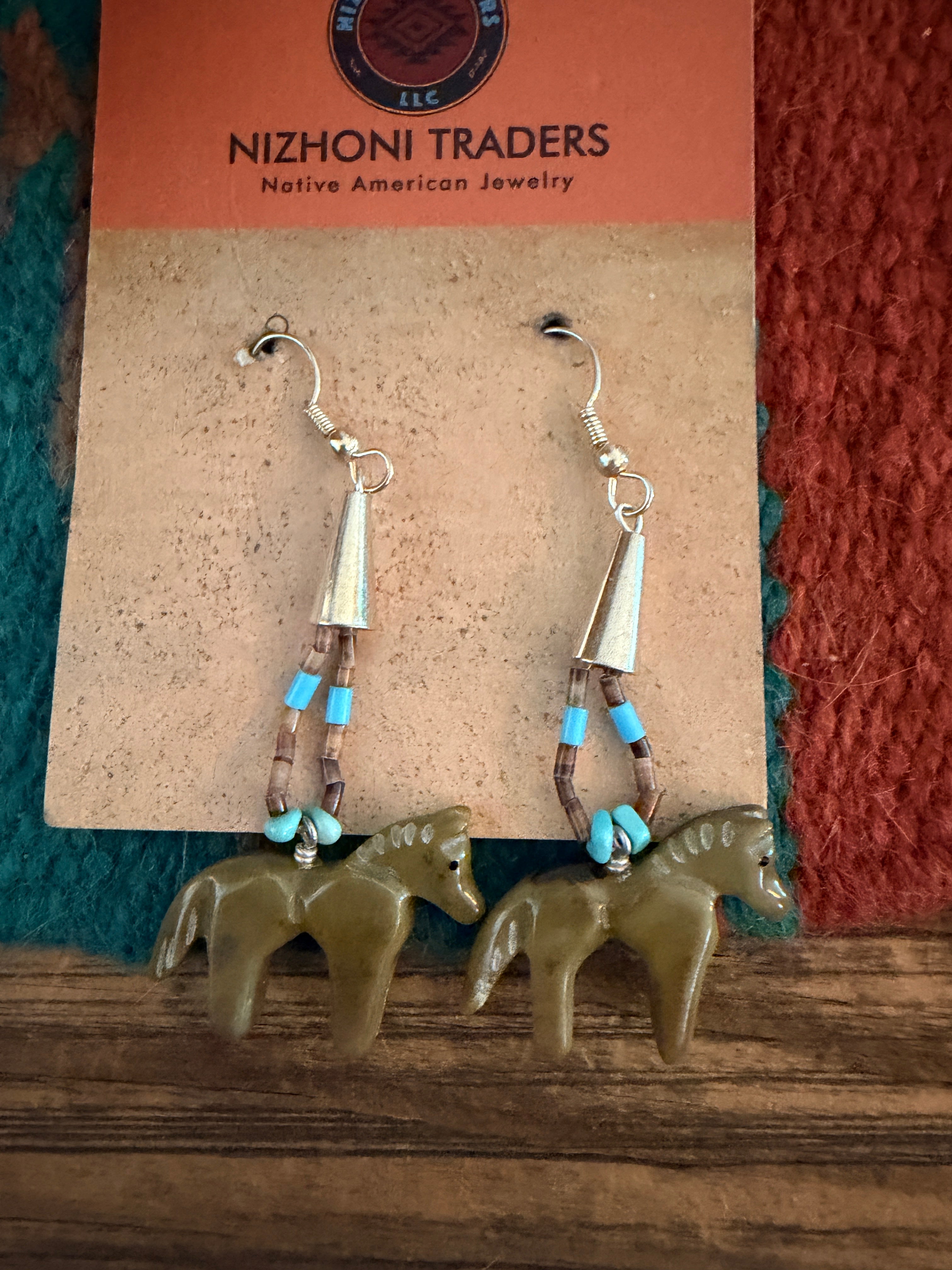Hand Carved Jasper and Turquoise Fetish Horse Beaded Dangle Earrings