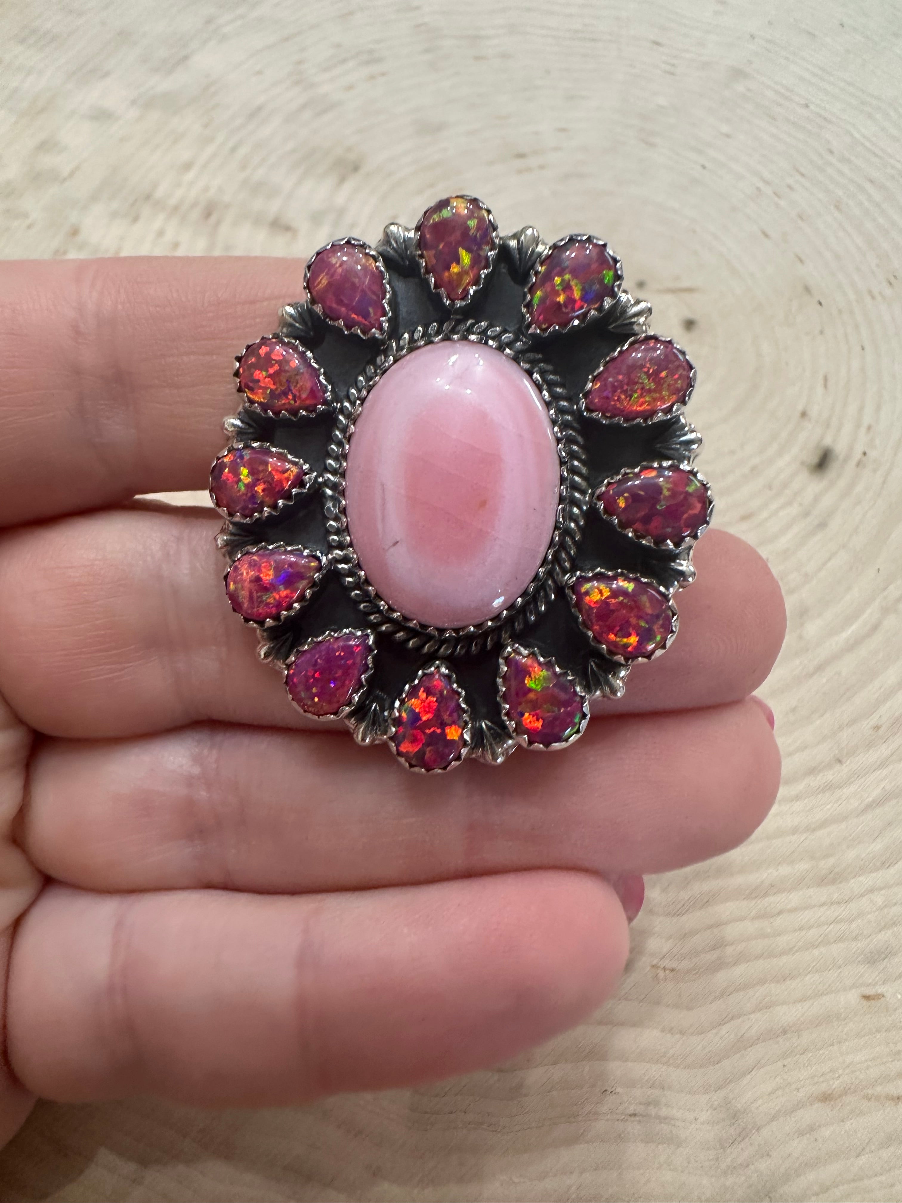 Handmade Pink Conch, Dark Pink Fire Opal And Sterling Silver Adjustable Ring Signed Nizhoni