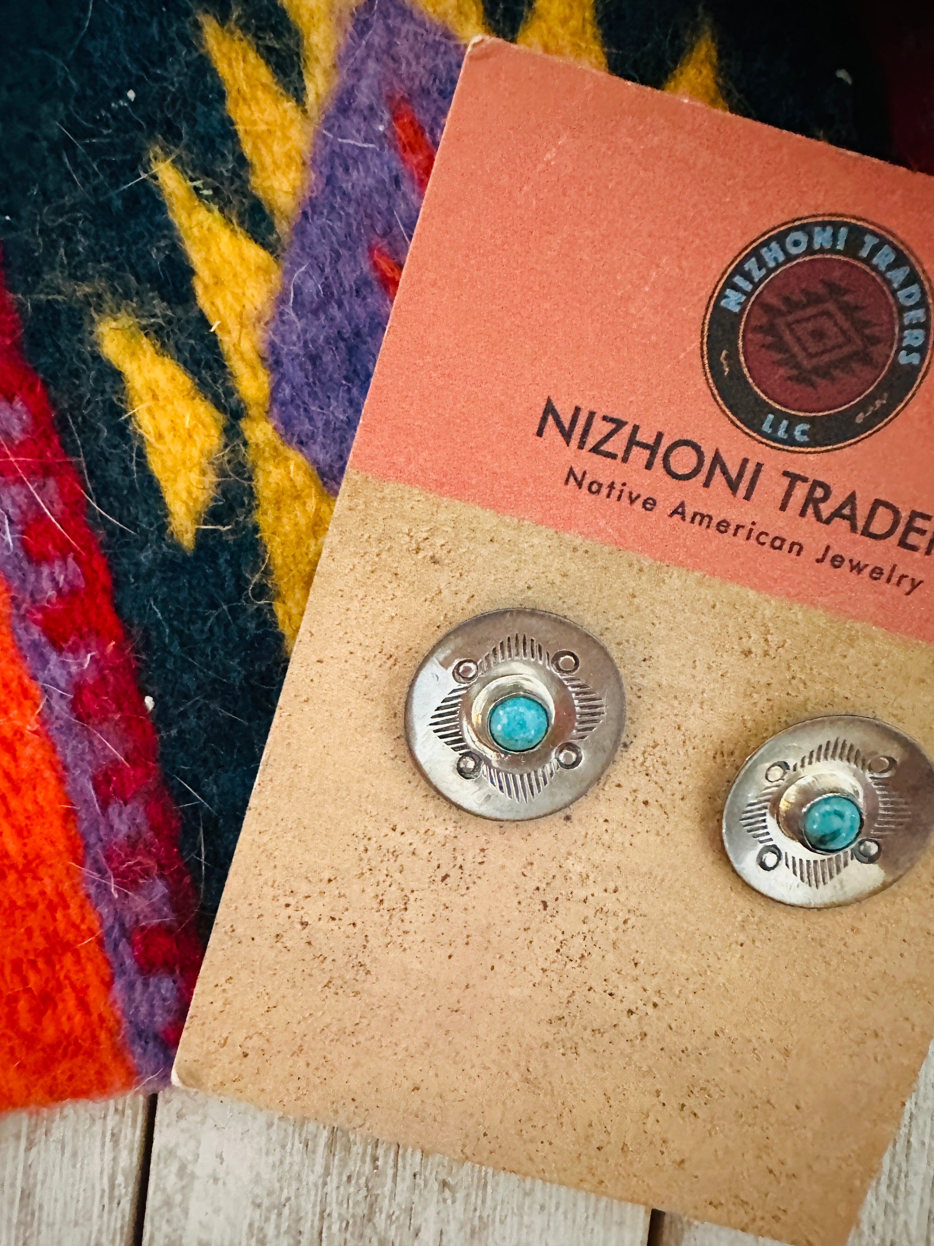 Navajo Hand Stamped Sterling Silver & Turquoise Concho Stud Earrings