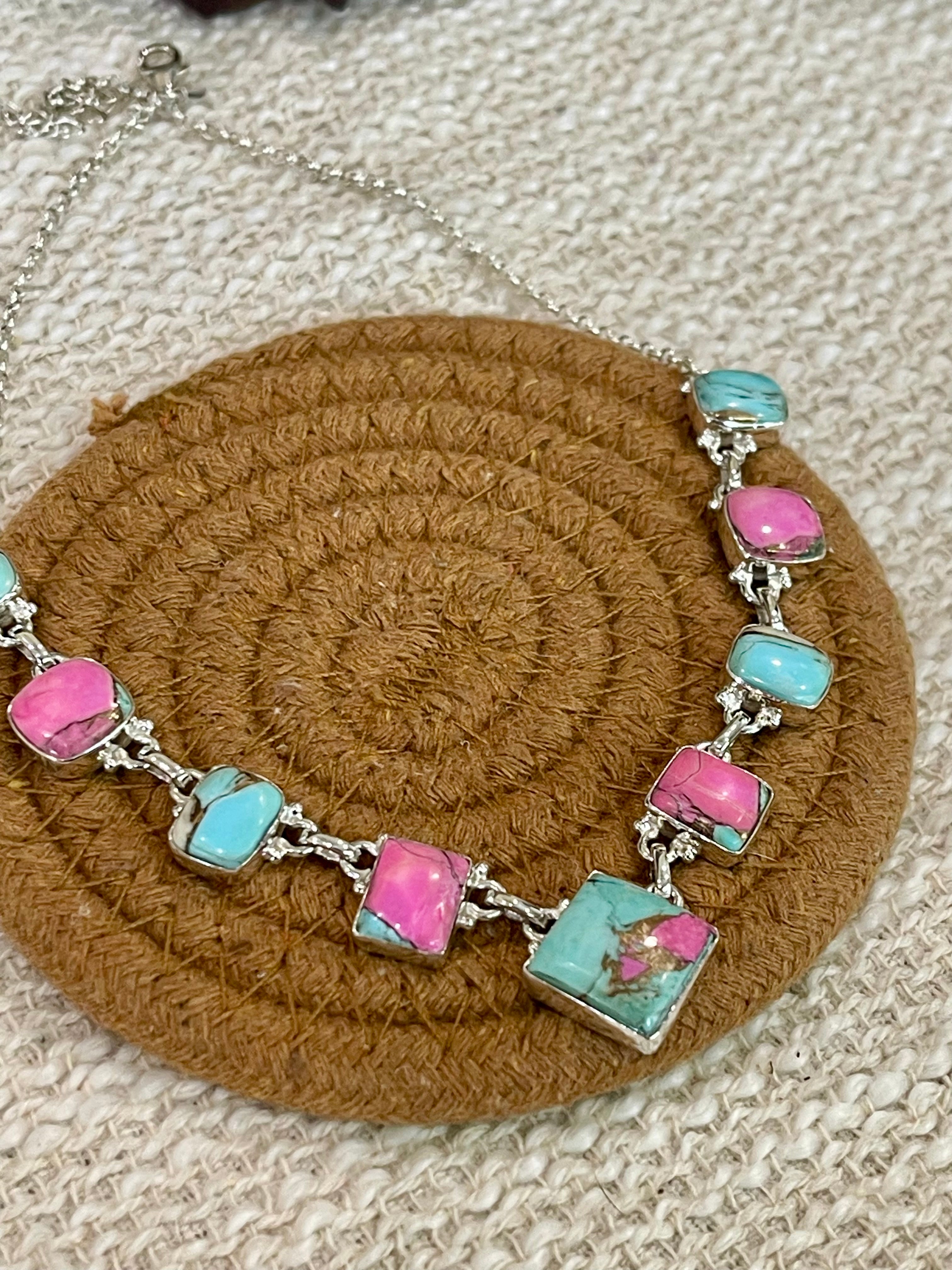 Handmade Sterling Silver Cotton Candy Turquoise Necklace with Signed Nizhoni