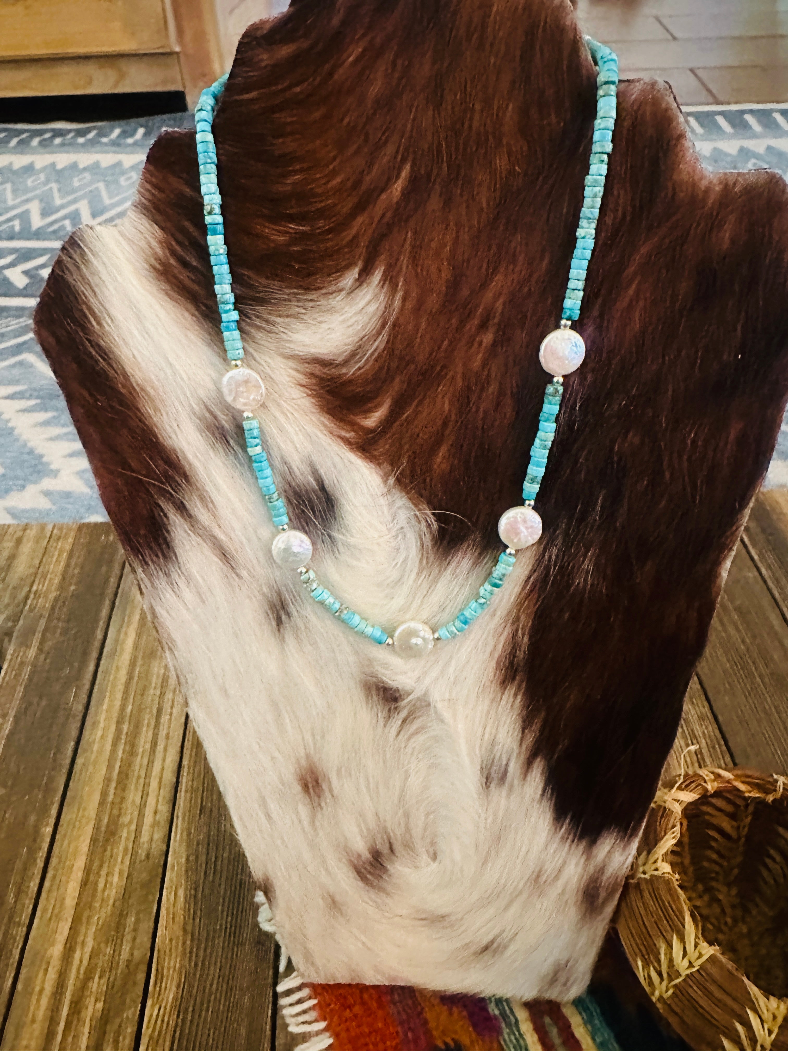 Handcrafted Turquoise, Mother of Pearl & Sterling Silver 16” Beaded Necklace