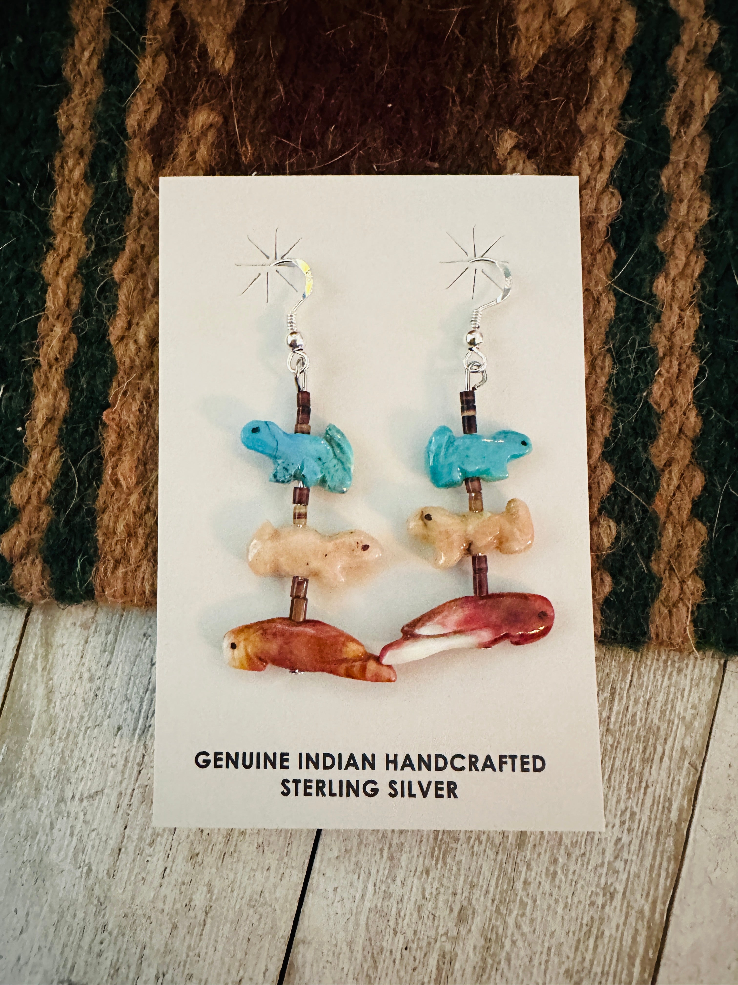 Zuni Multi Stone Beaded Fetish Dangle Earrings