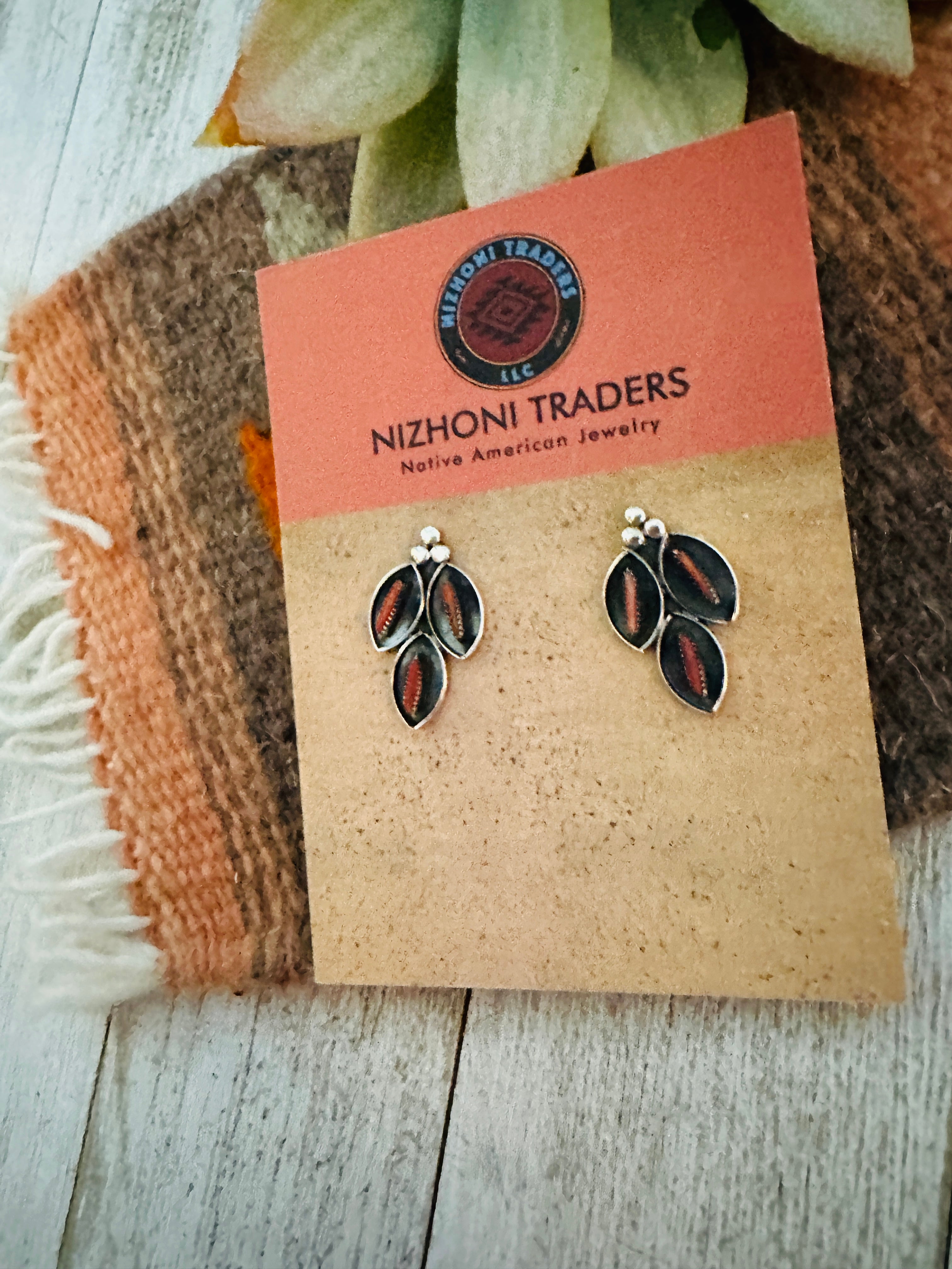 Zuni Coral & Sterling Silver Needlepoint Post Earrings