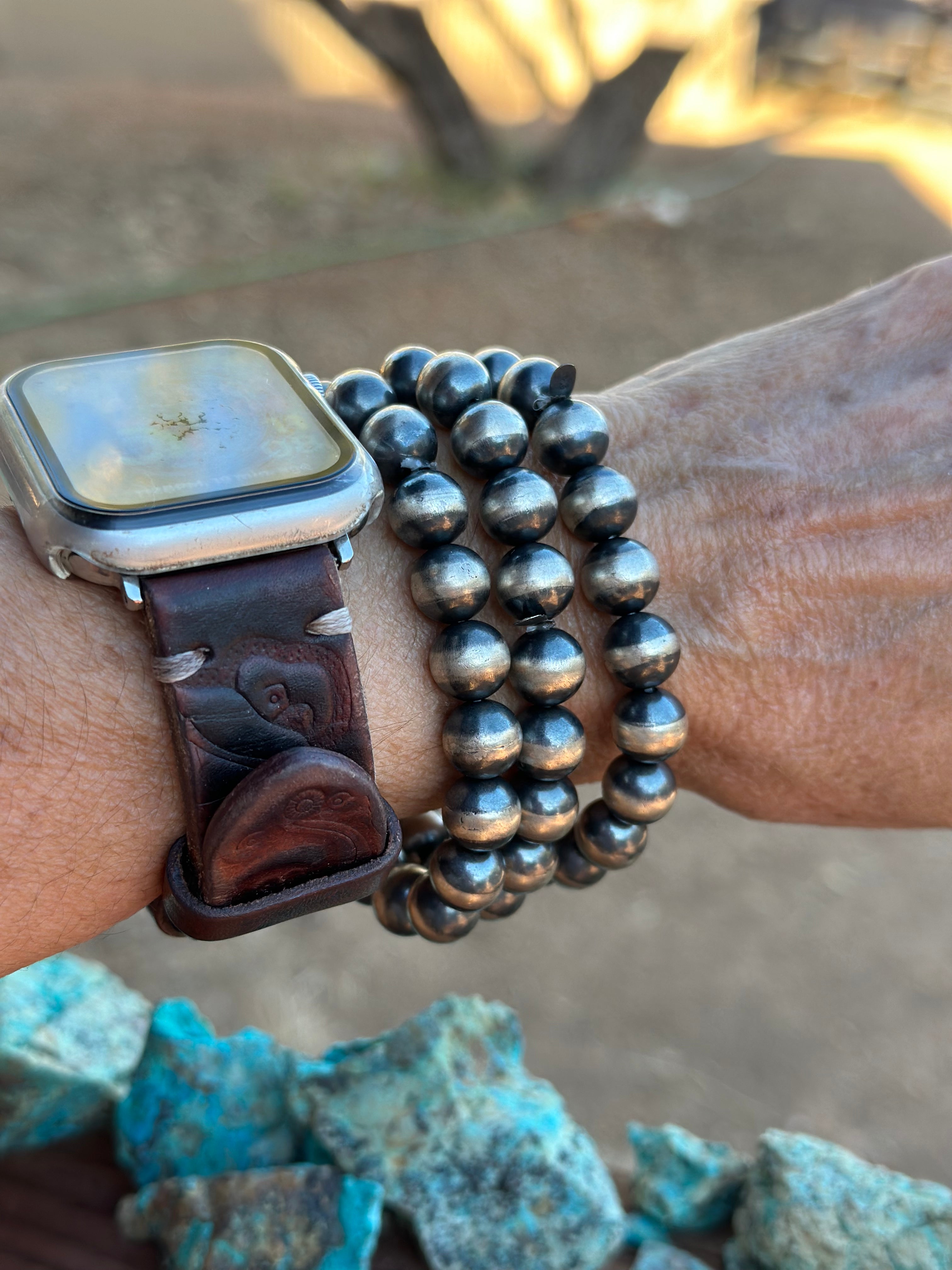 Navajo Sterling Silver 10mm Beaded Elastic Bracelet