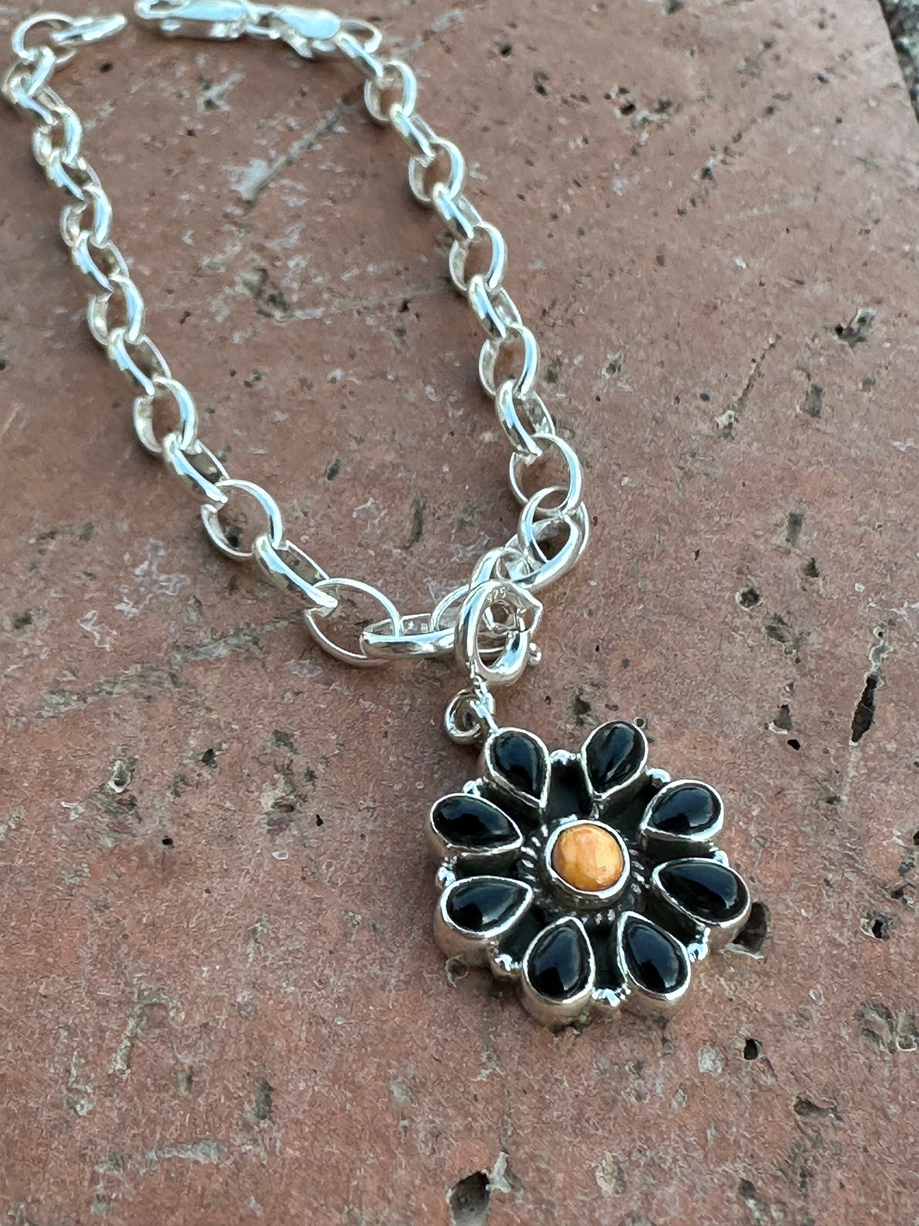 Halloween Collection Sterling Silver, Onyx & Spice Flower Charm