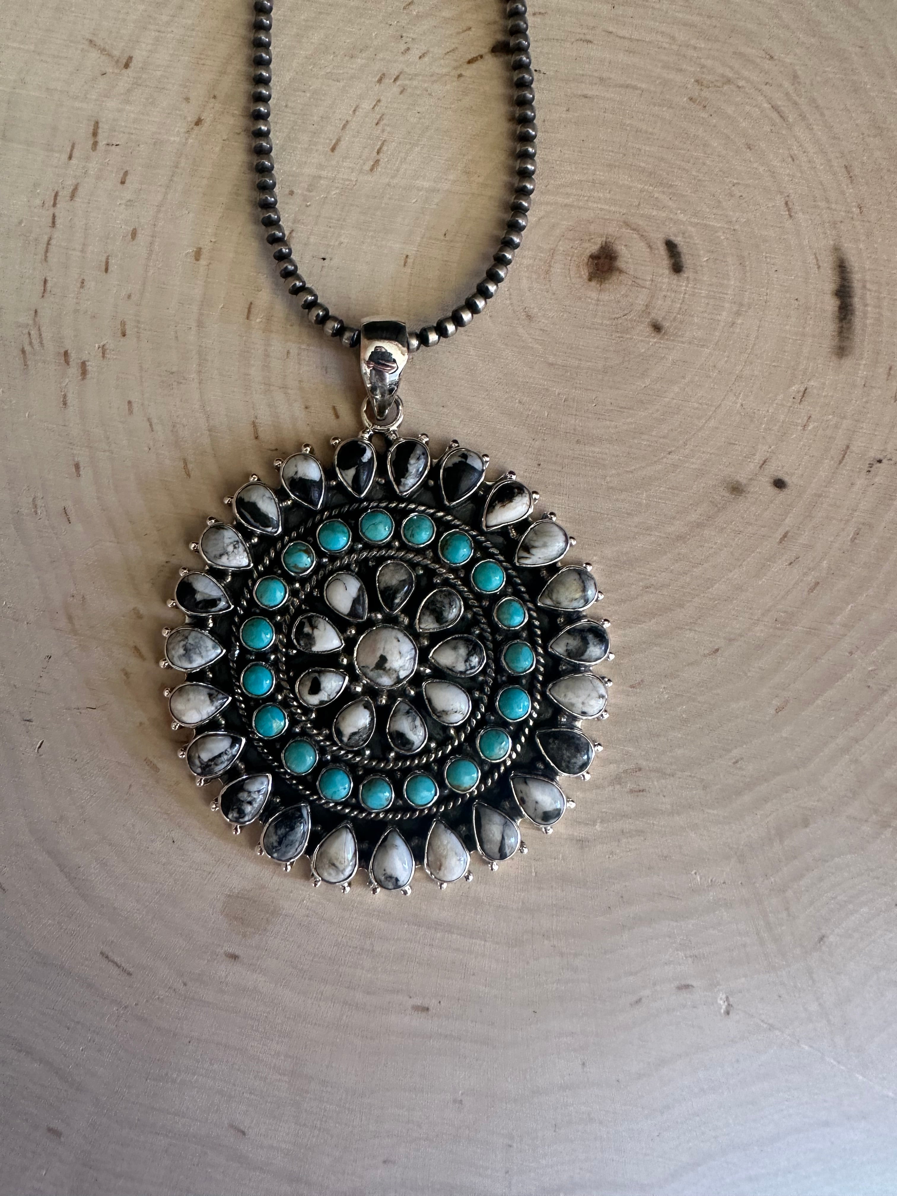 Beautiful Handmade Sterling Silver, White Buffalo & Turquoise Cluster Pendant Signed Nizhoni