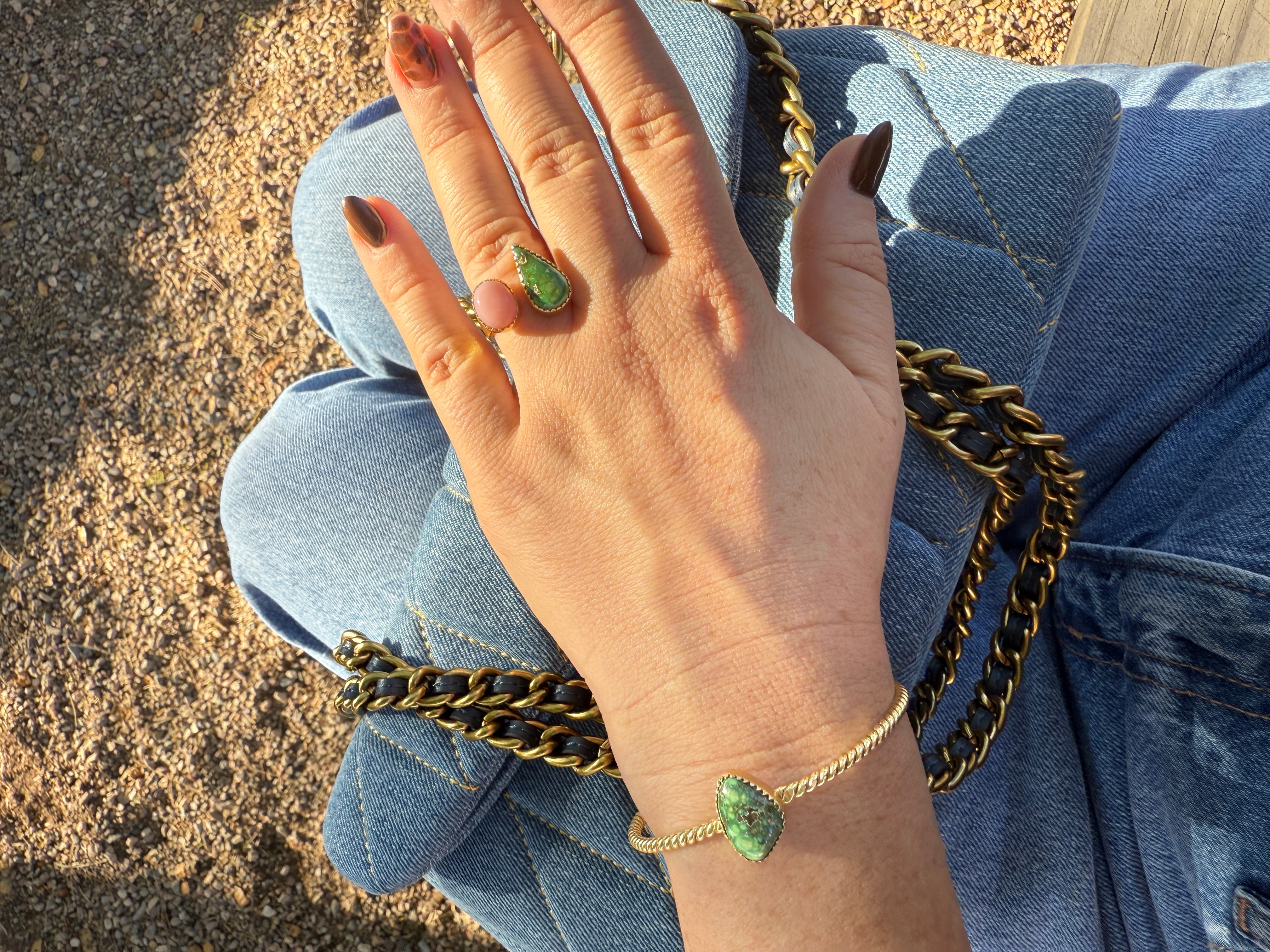 “The Golden Collection” Natural Sonoran Turquoise & Pink Opal Adjustable Ring