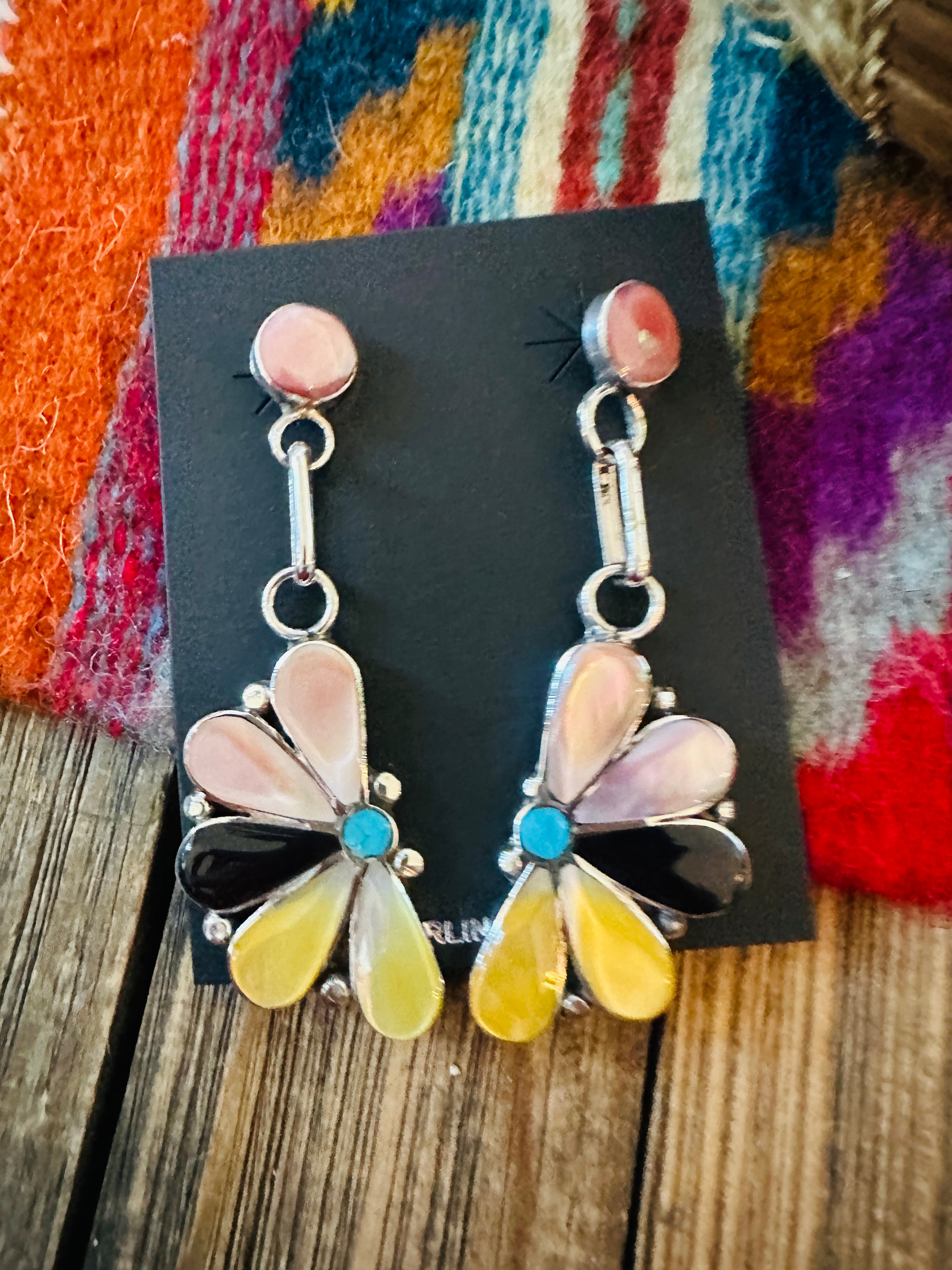 Handcrafted Sterling Silver, Mother of Pearl, Turquoise & Jet Inlay Flower Dangle Earrings