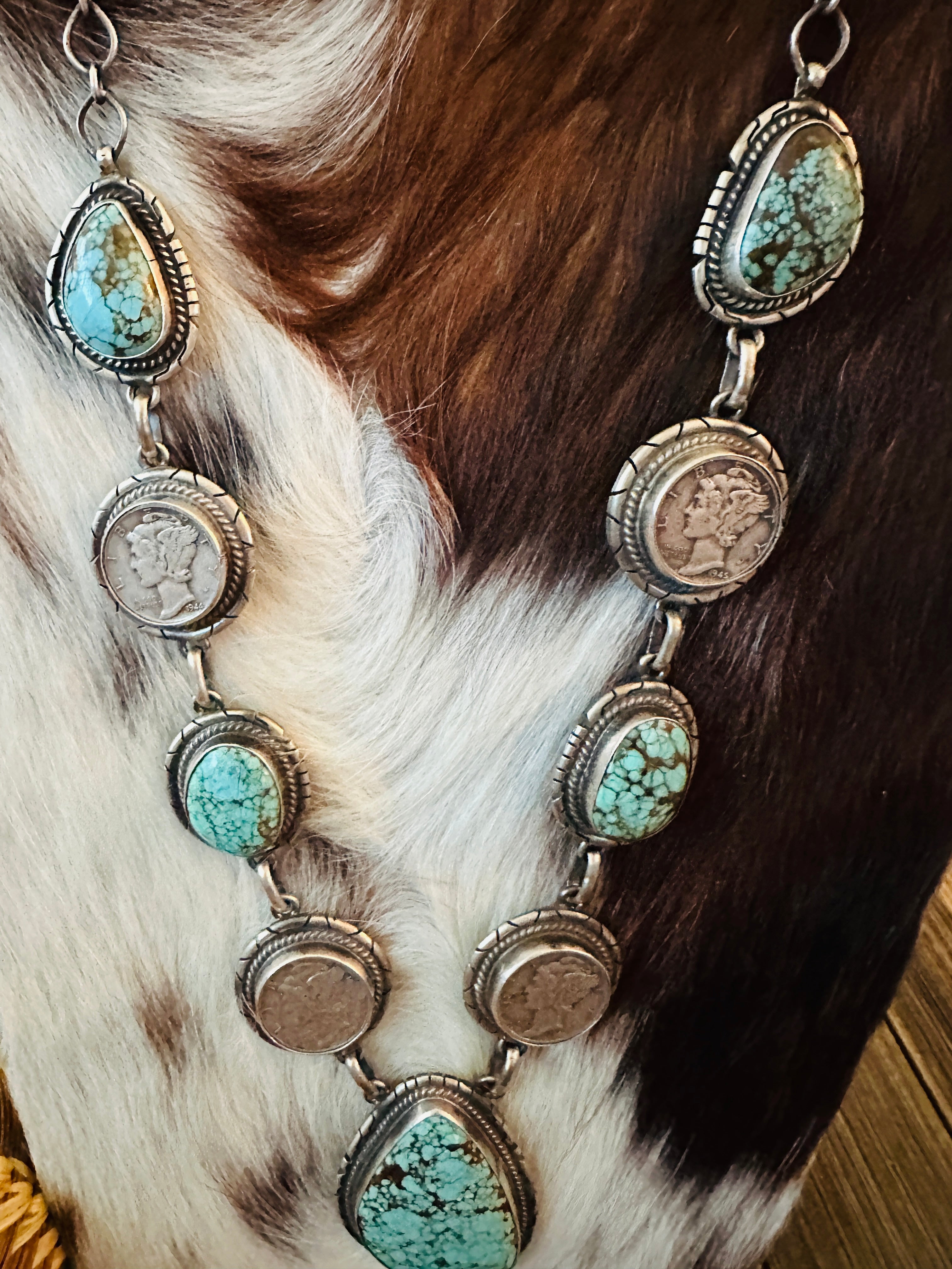 Handcrafted Turquoise & Sterling Silver Liberty Dime Beaded Necklace and Earrings Set