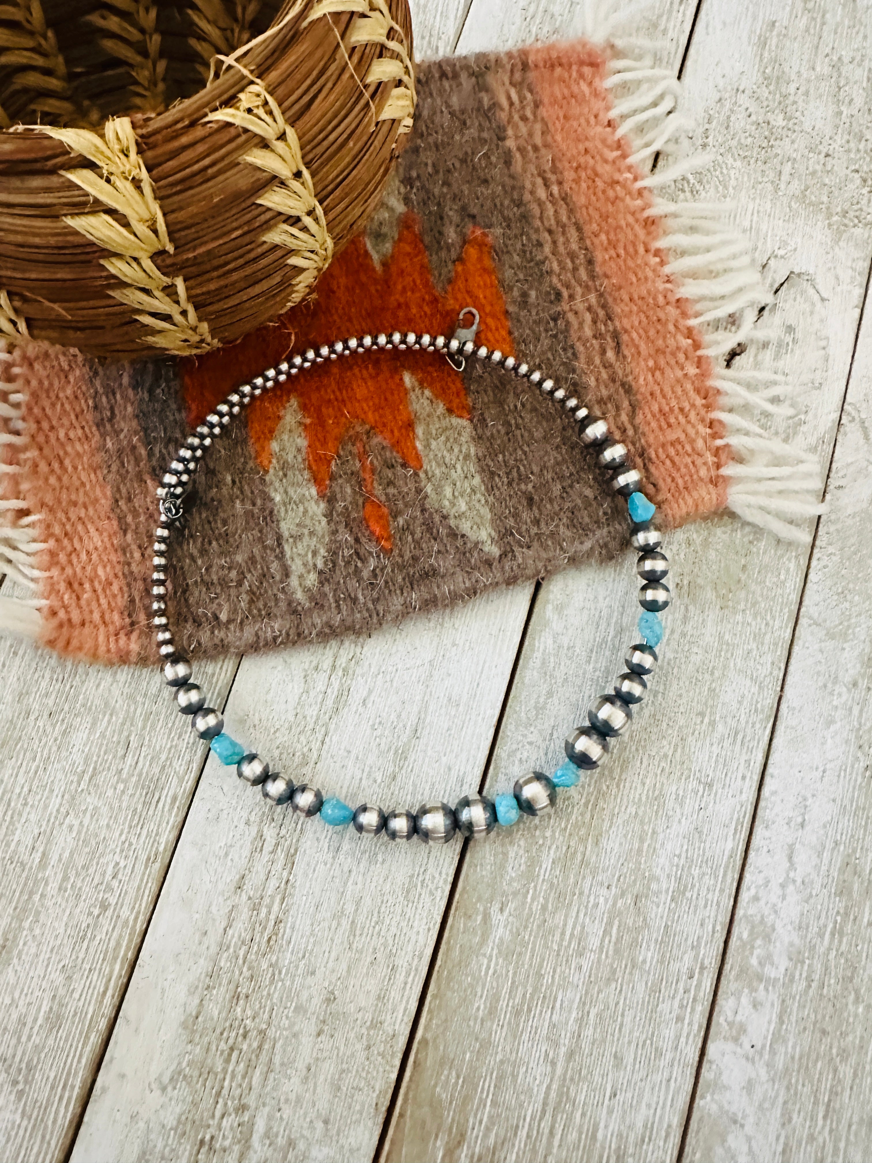 Handcrafted Turquoise & Sterling Silver Beaded Wrap Choker Necklace