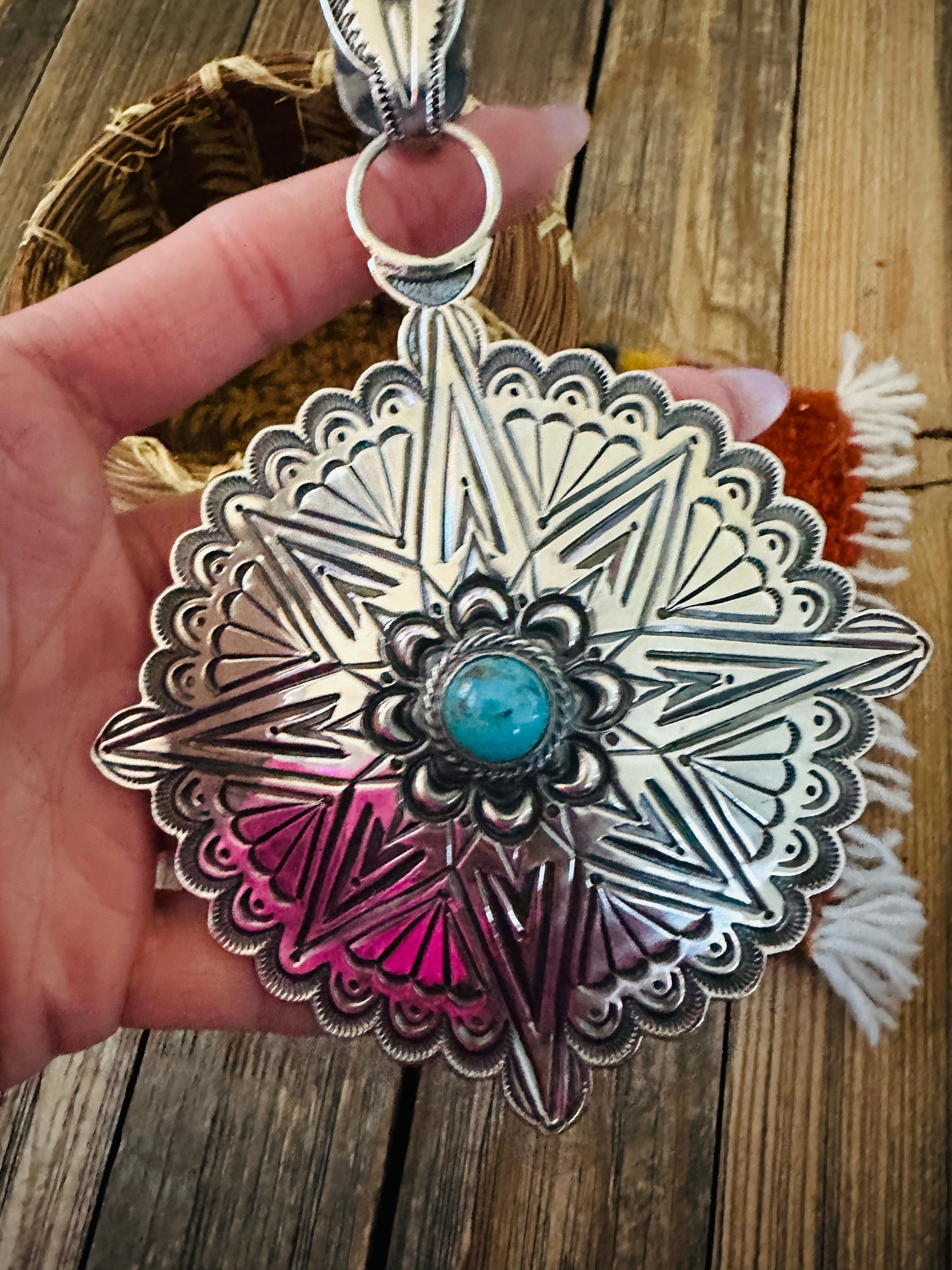 Handcrafted Turquoise & Sterling Silver Concho Pendant by Roland Dixson