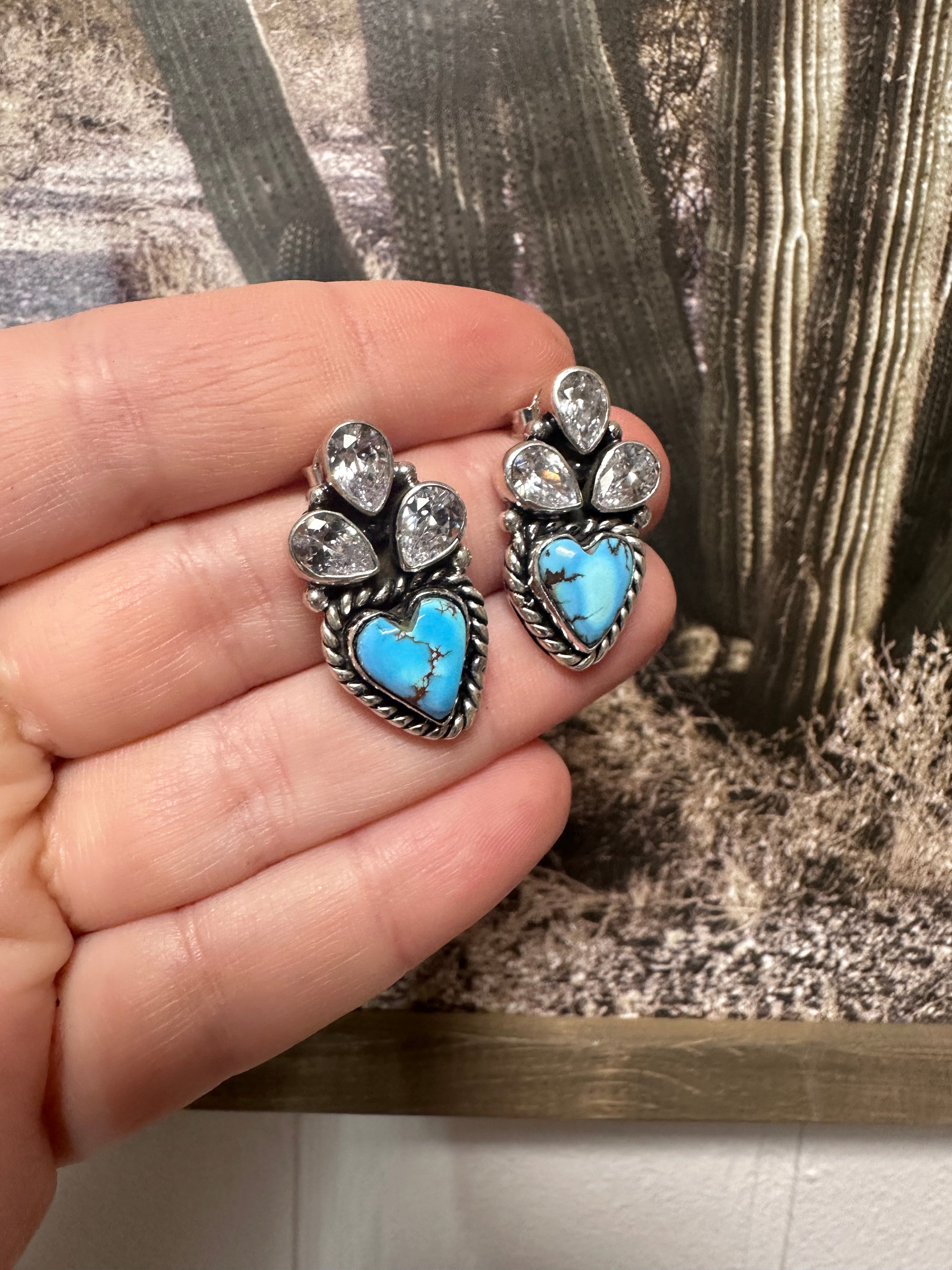 Handmade Golden Hills Turquoise, CZ and Sterling Silver Post Earrings